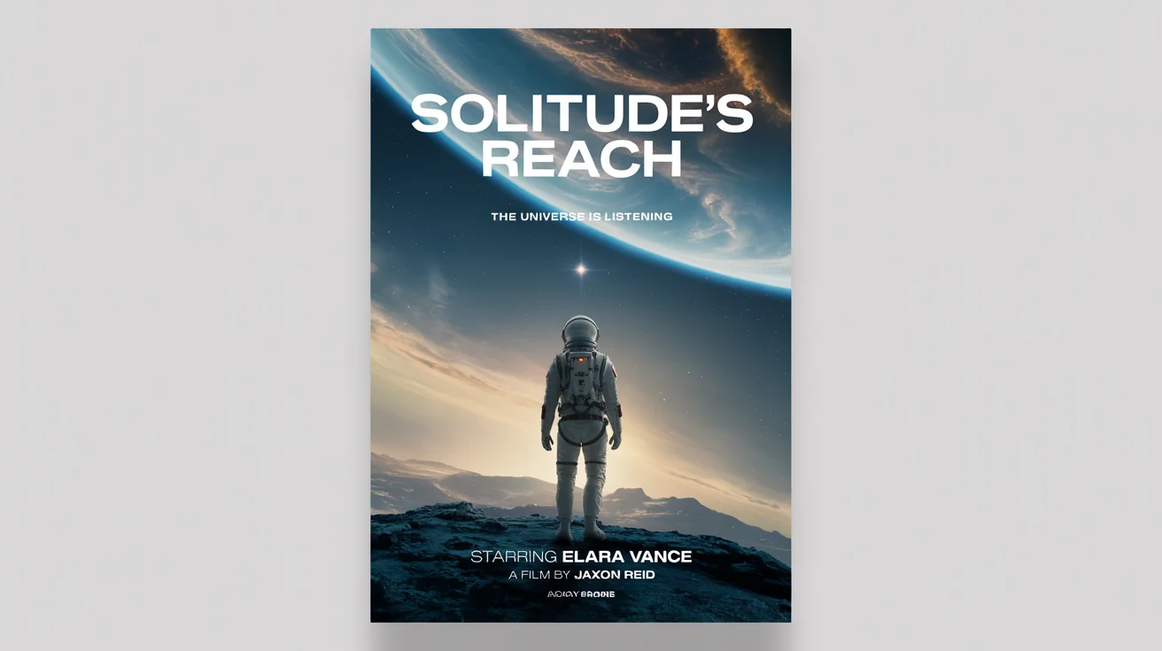 A mockup of a professionally designed movie poster for a fictional indie sci-fi film titled 'Solitude's Reach,' showing an astronaut on an alien planet looking at a large gas giant in the sky.