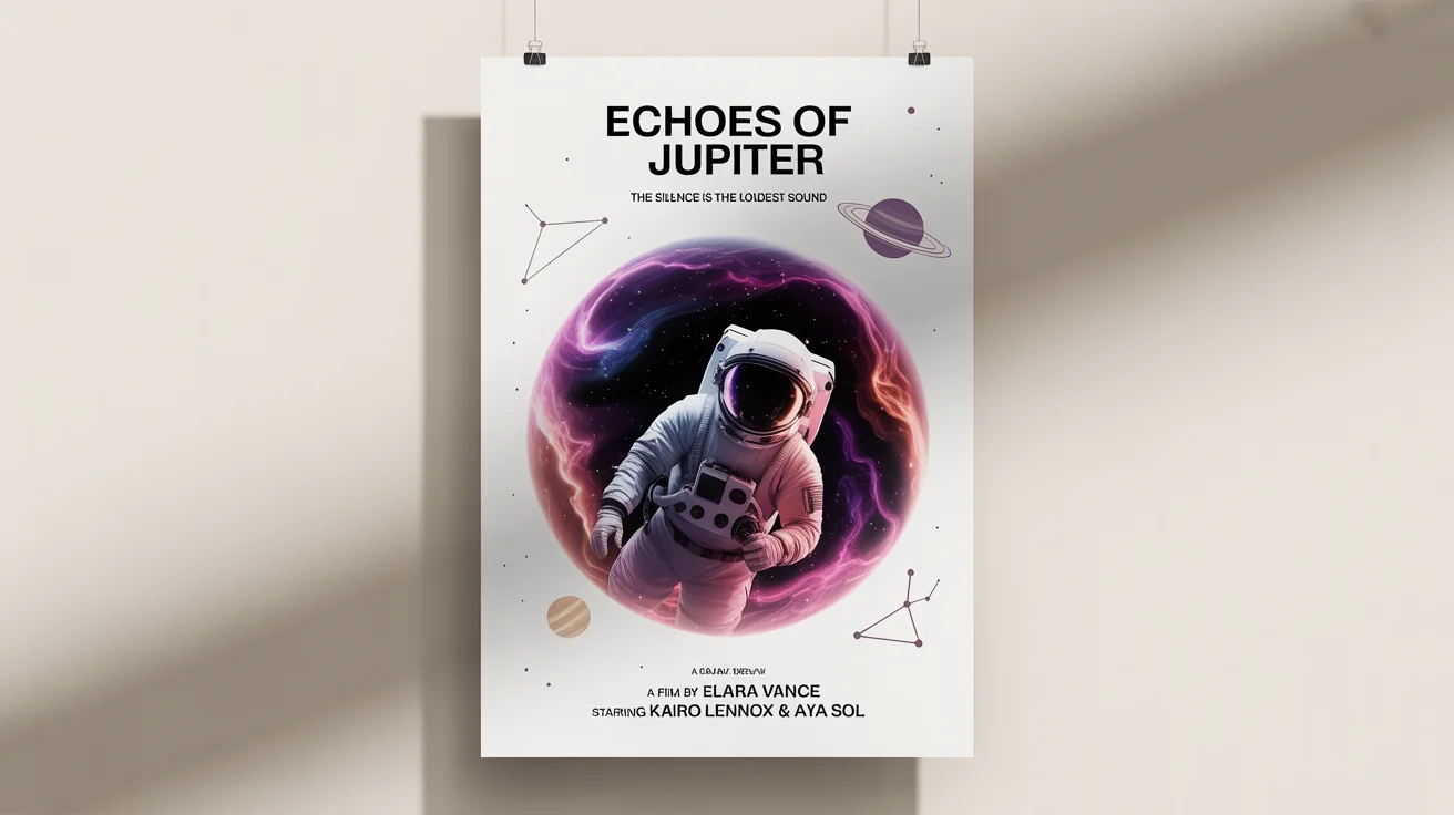 A mockup of a custom movie poster for an indie sci-fi film titled 'Echoes of Jupiter'. The poster, set against a white background, features a surreal illustration of an astronaut floating in a colorful nebula.
