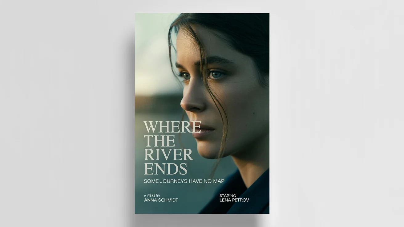 A mockup of a custom movie poster for an indie film titled 'Where the River Ends'. The poster features a dramatic profile shot of a woman and is set against a clean white background.