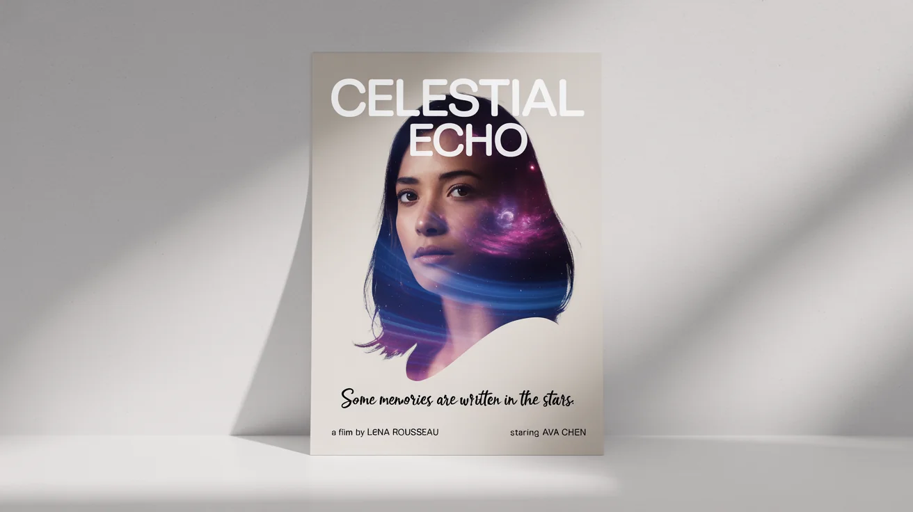 A photorealistic mockup of a custom indie movie poster for a film titled 'Celestial Echo'. The poster, set against a white background, features a double exposure of a woman's face and a galaxy.