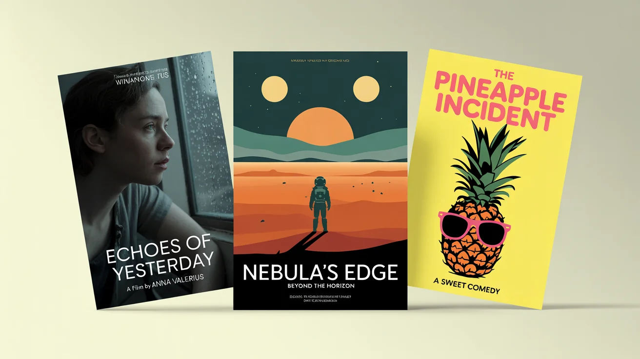 A mockup of three distinct indie movie posters displayed against a white background. The posters show designs for a drama called 'Echoes of Yesterday', a sci-fi film 'Nebula's Edge', and a comedy 'The Pineapple Incident'.