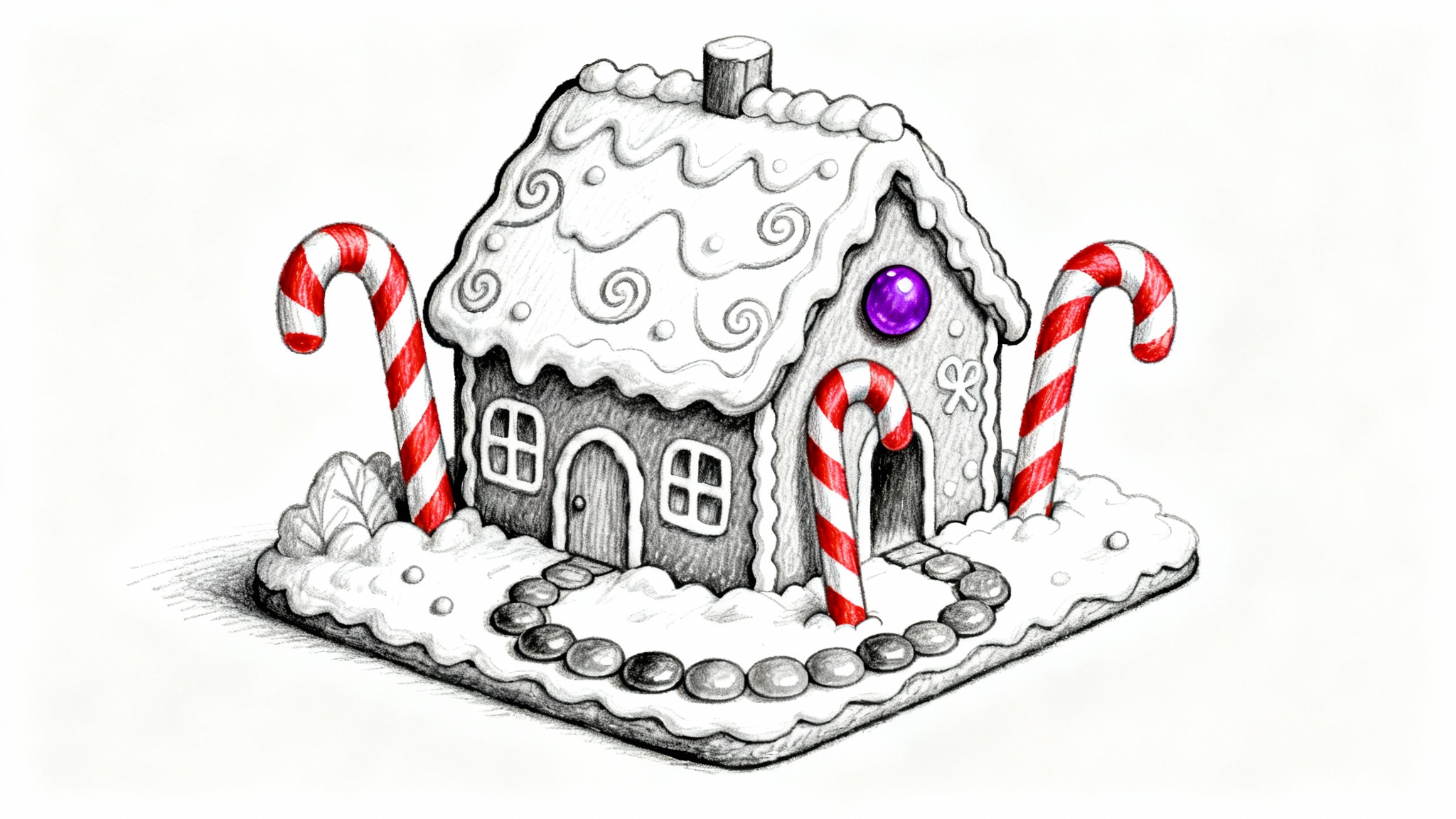A detailed black and white line art coloring page of a gingerbread house. A small portion of the drawing is colored in with vibrant crayon to show how it can be used.