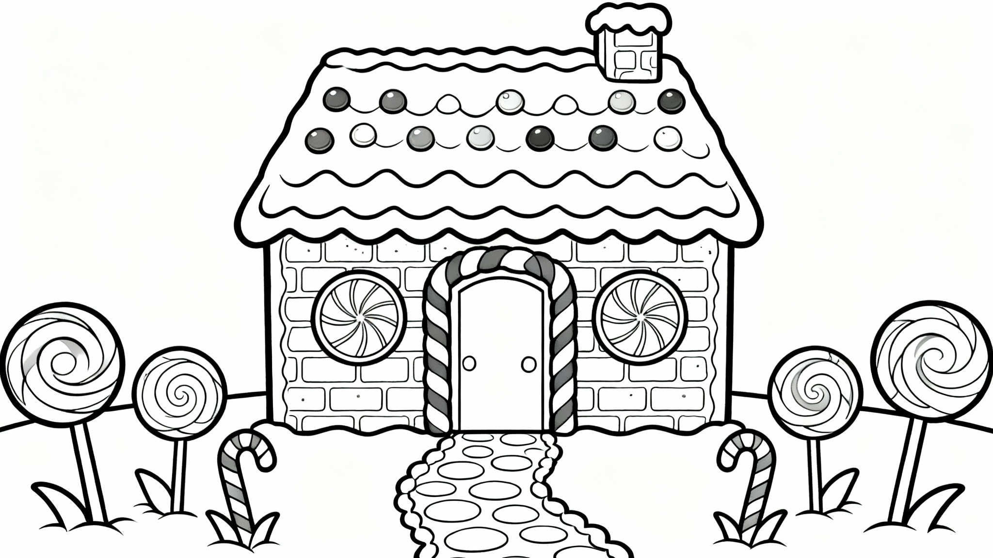 A black and white line art coloring page of a whimsical gingerbread house decorated with candy, set against a plain white background.