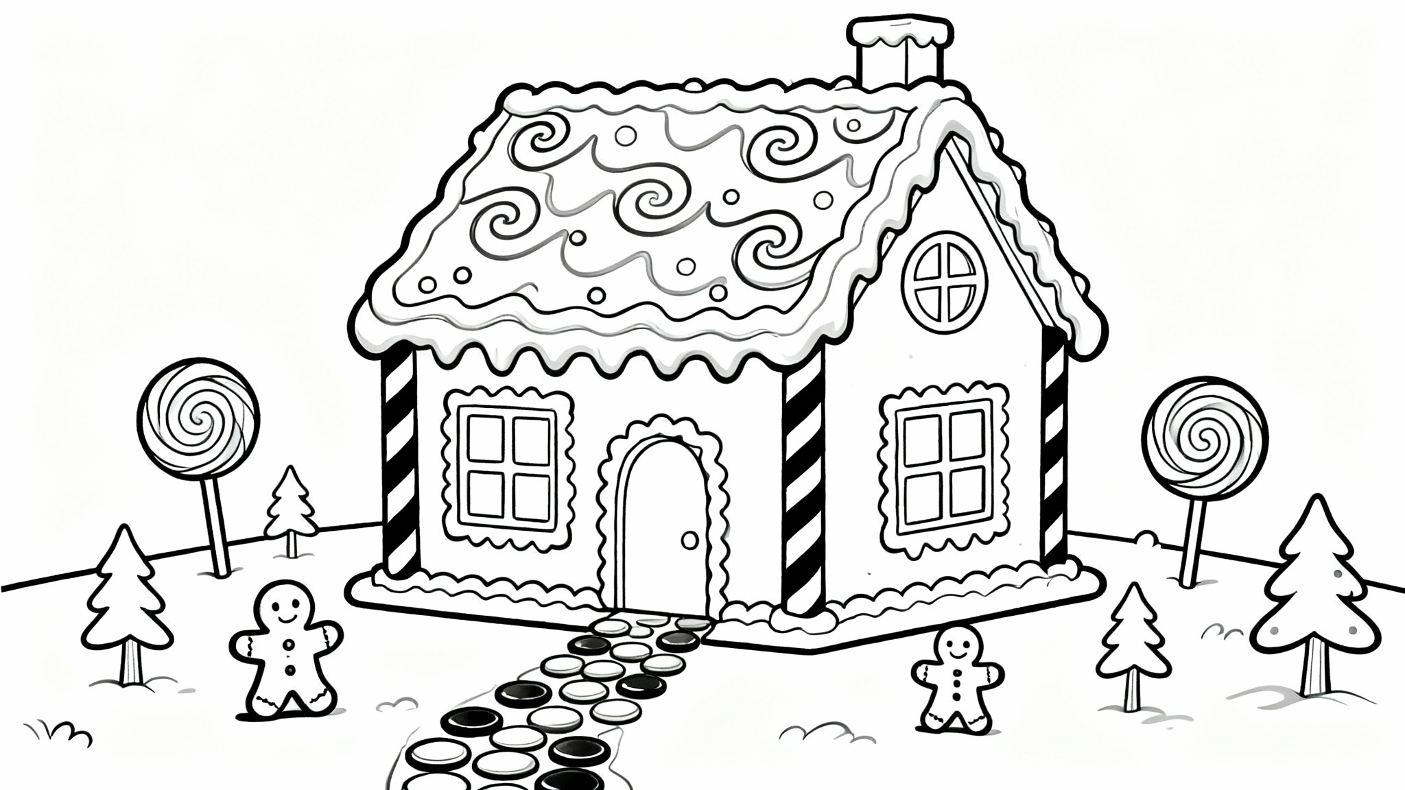 A black and white line art coloring page of a whimsical and detailed gingerbread house, ready to be colored in, shown on a plain white background.