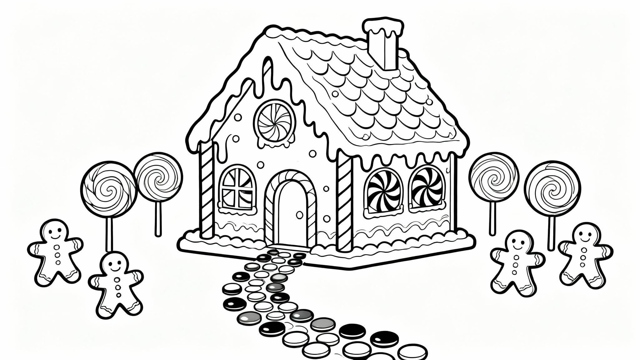 A black and white line art coloring page of an intricate gingerbread house with candy decorations, designed for coloring, shown against a stark white background.
