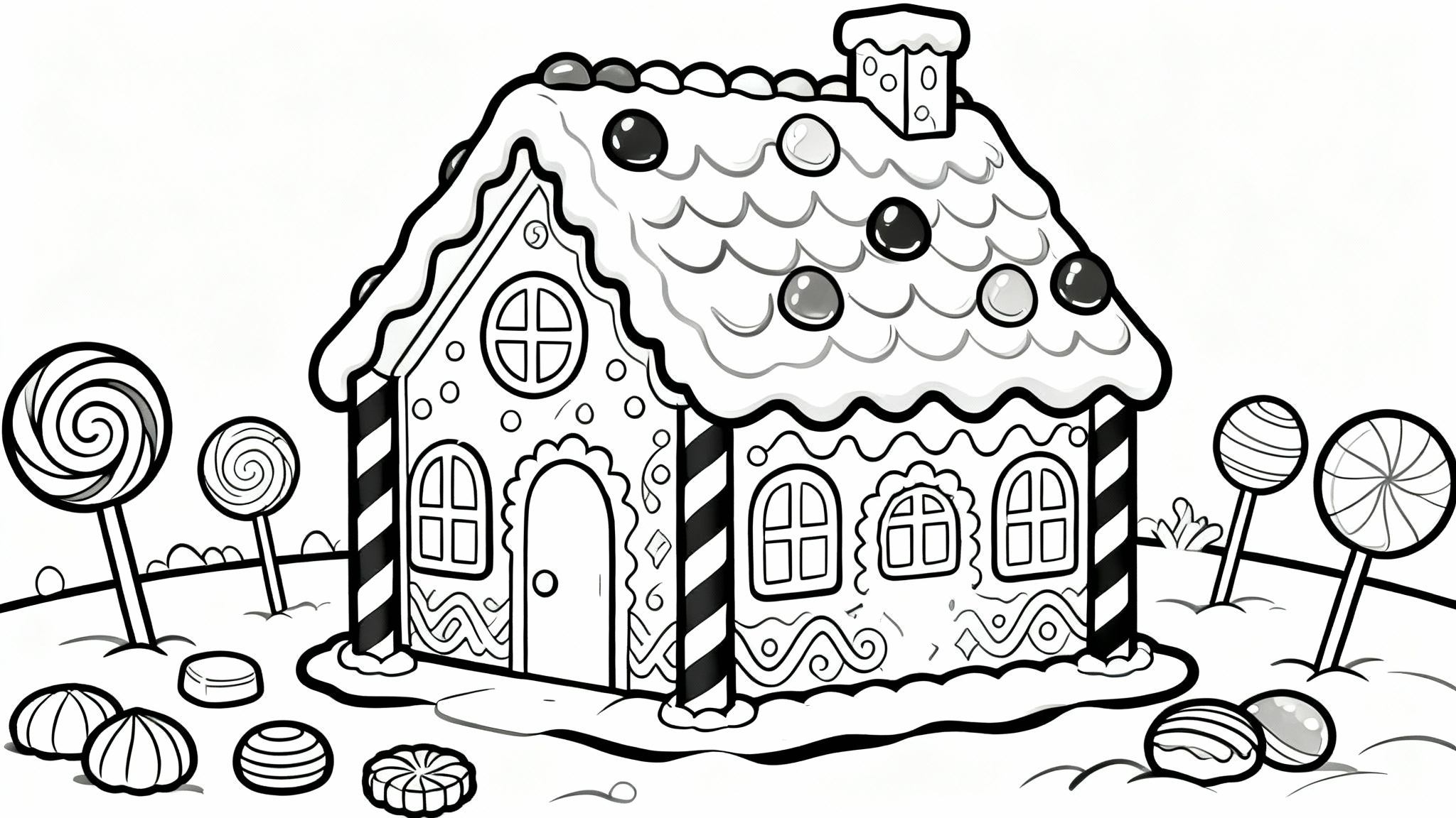 A black and white line art illustration of a whimsical gingerbread house, designed as a coloring book page, set against a solid white background.