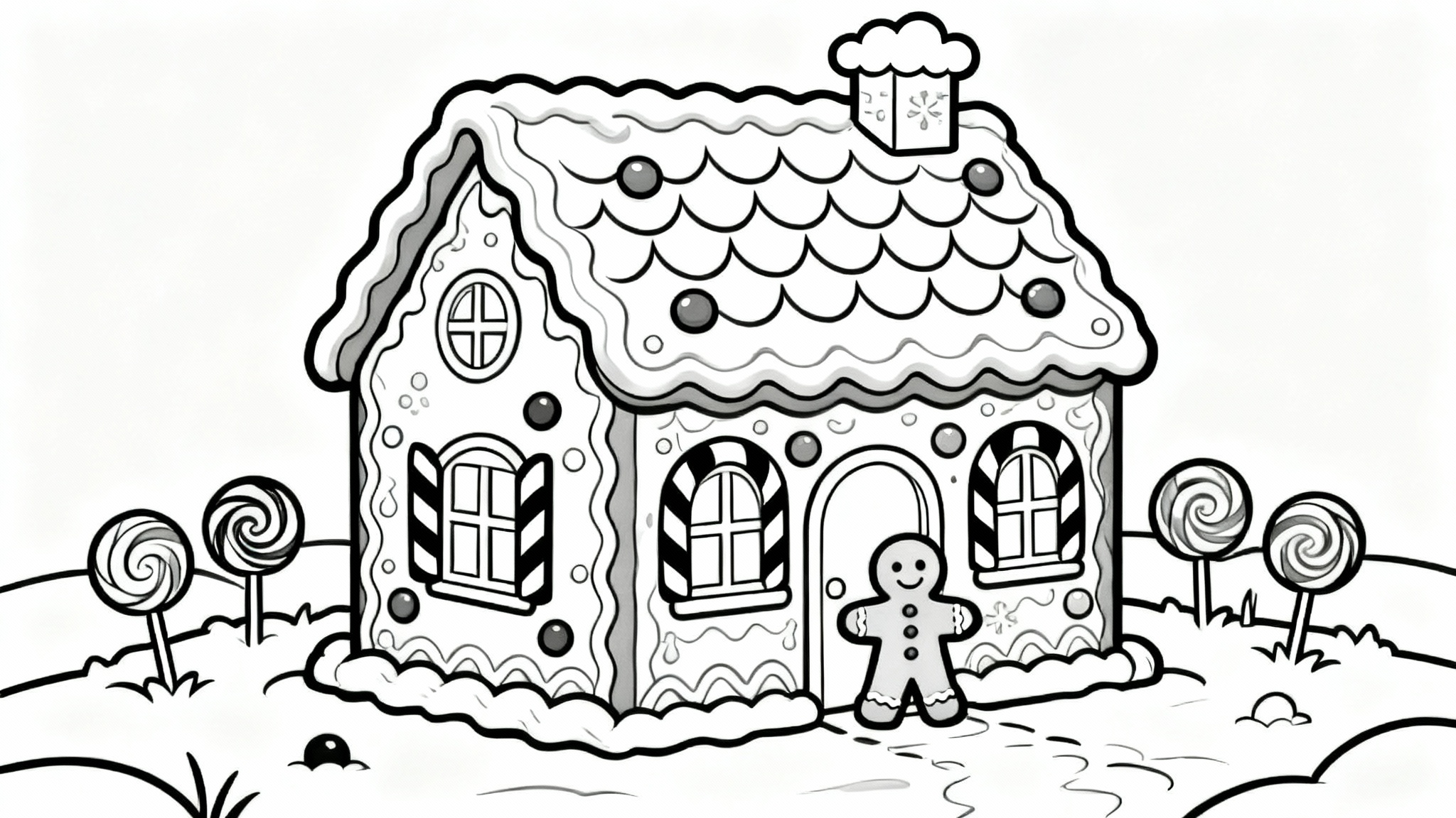 A black and white line drawing of a detailed gingerbread house, designed as a printable coloring page.