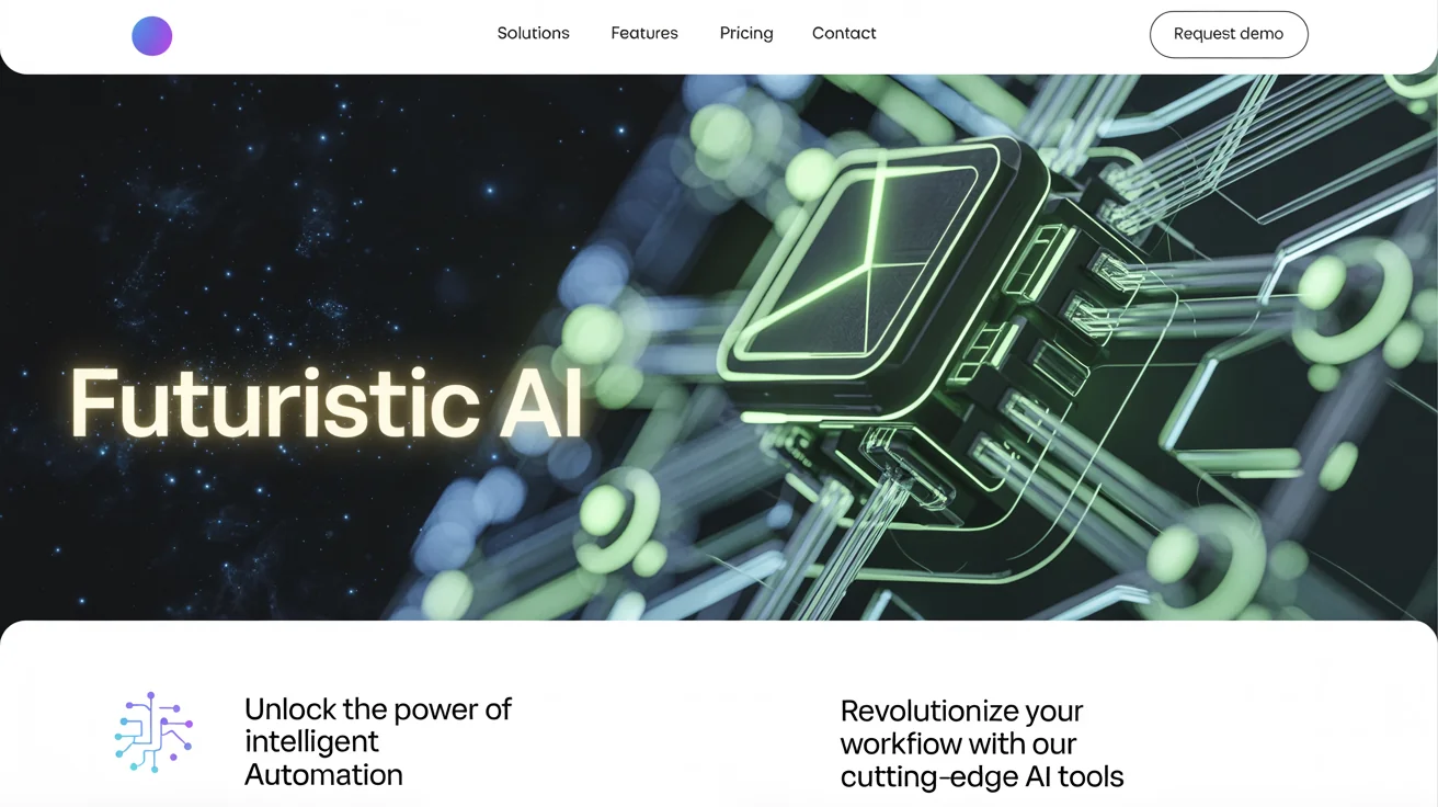 A high-tech futuristic background in a 16:9 aspect ratio, featuring glowing blue and green circuits and geometric shapes on a dark, starry backdrop. The words 'FUTURISTIC AI' are elegantly displayed in a glowing font in the lower corner.