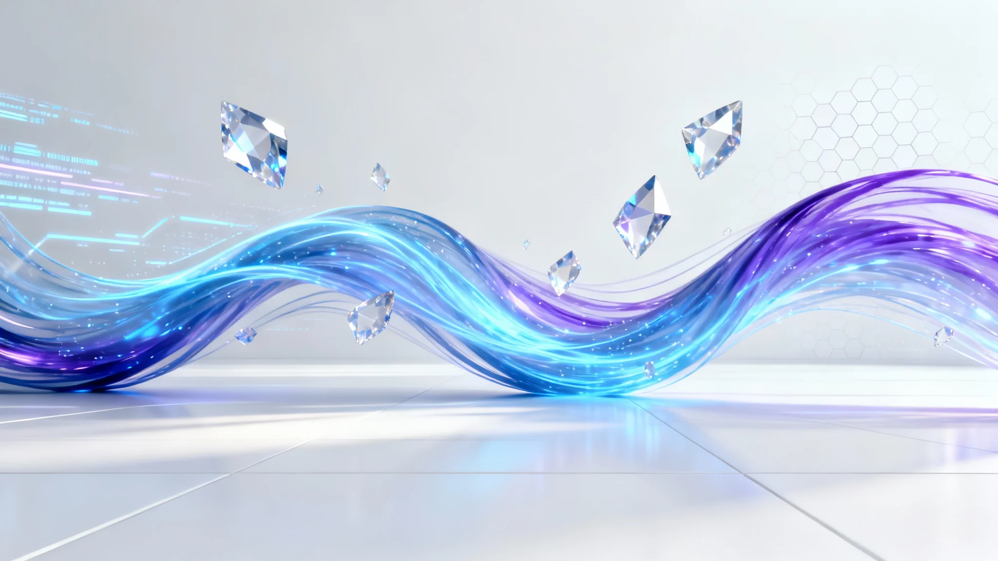 An abstract, futuristic background featuring flowing streams of blue and purple light and floating geometric crystals over a clean white surface, symbolizing technology and innovation.