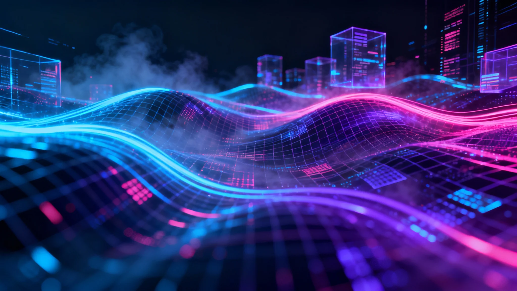 An abstract futuristic background featuring glowing neon lines in blue and pink, flowing like data streams through a dark digital space with holographic grids.