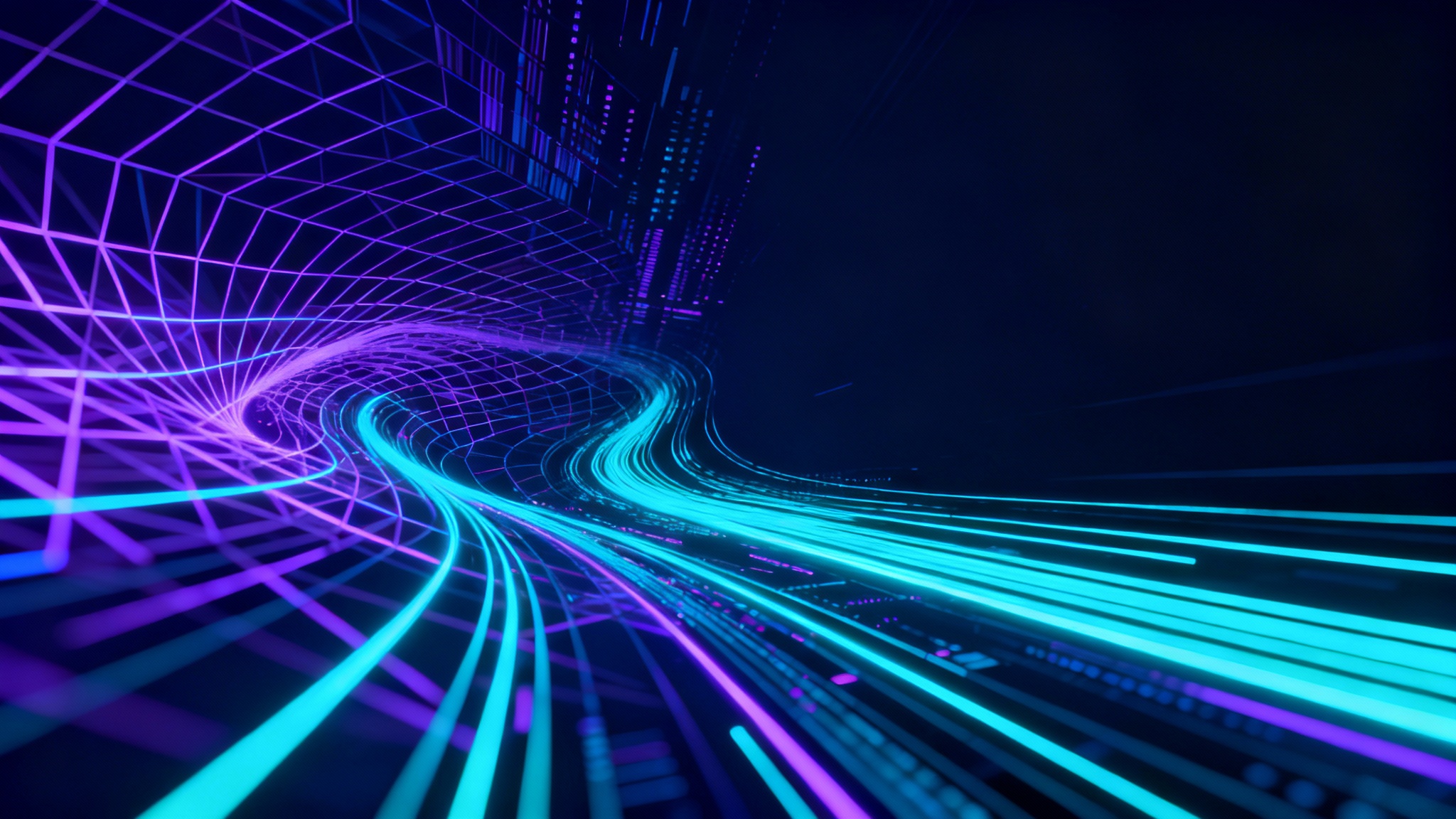 An abstract futuristic background with glowing blue, purple, and cyan neon lines and geometric shapes on a dark canvas, creating a sense of digital motion.
