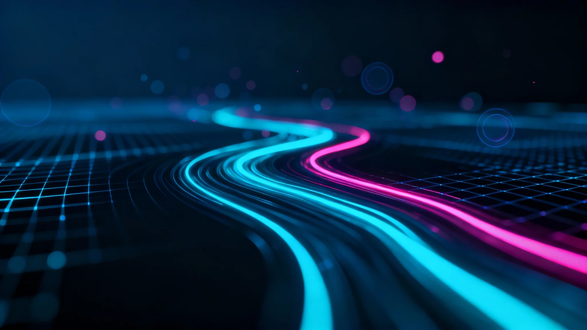 An abstract futuristic background featuring glowing blue and pink lines of light moving across a dark digital grid, creating a sense of high-tech energy and motion.