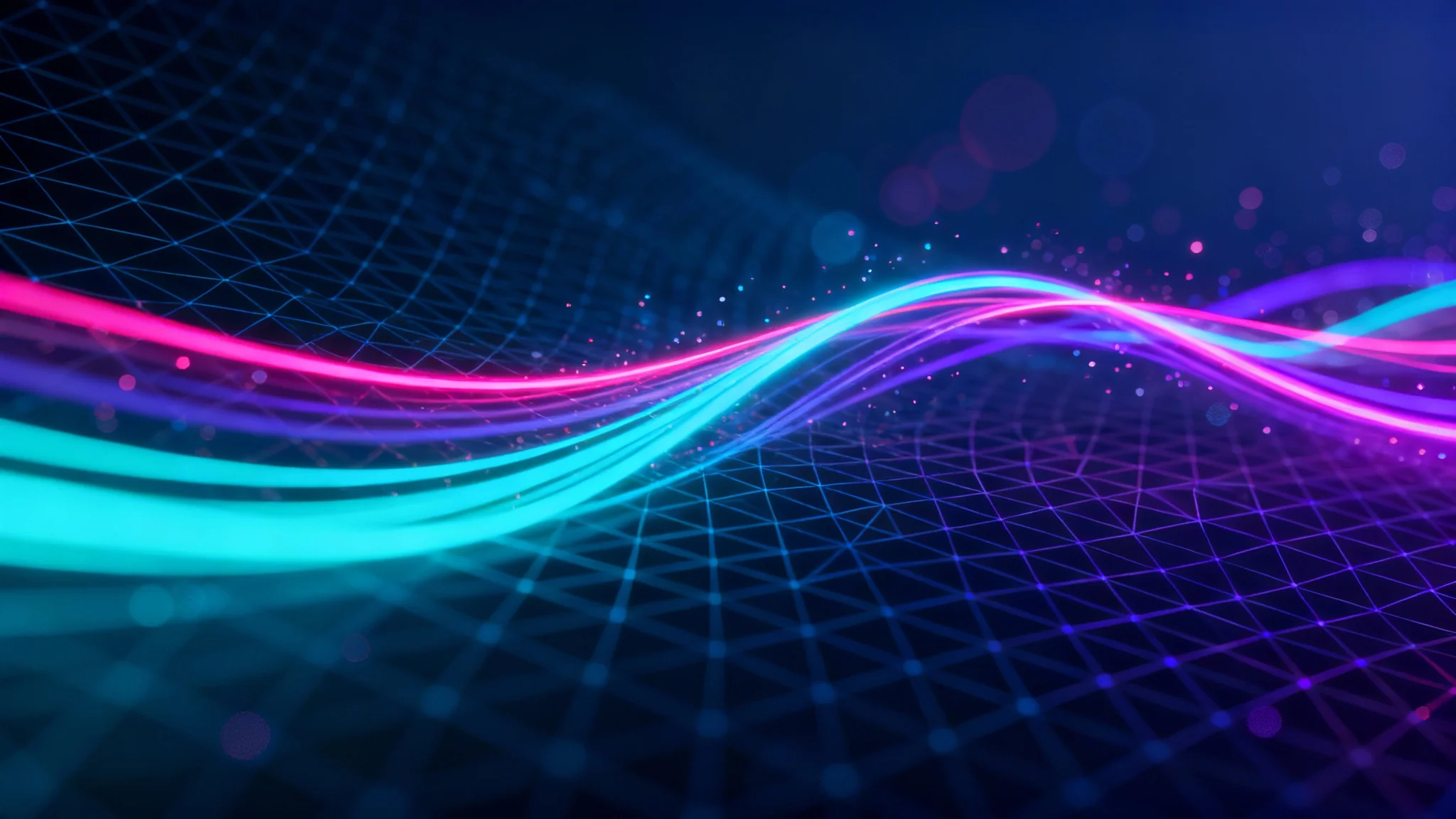 An abstract futuristic background featuring glowing neon lines of cyan and magenta flowing over a dark digital grid, creating a sense of high-tech energy and motion.