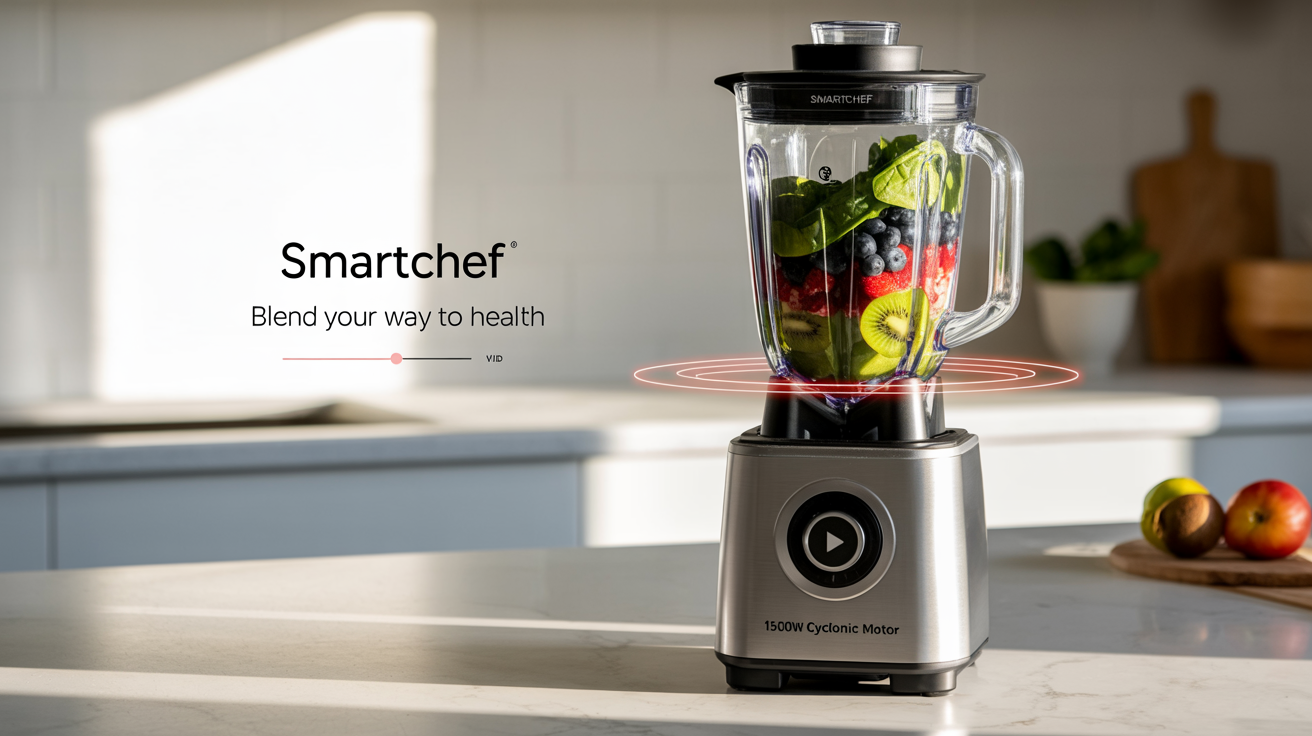 A screenshot from a professional product explainer video showcasing the 'SMARTCHEF BLENDER'. The image includes the blender in action with graphic overlays highlighting its features and brand name.