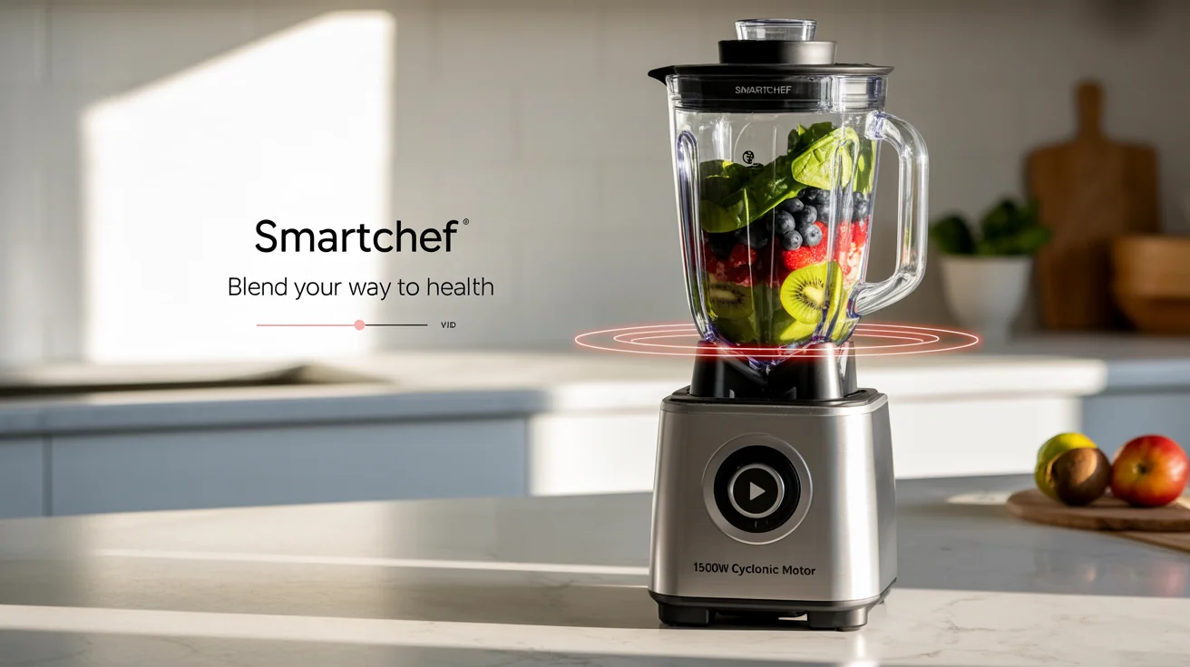 A screenshot from a professional product explainer video showcasing the 'SMARTCHEF BLENDER'. The image includes the blender in action with graphic overlays highlighting its features and brand name.