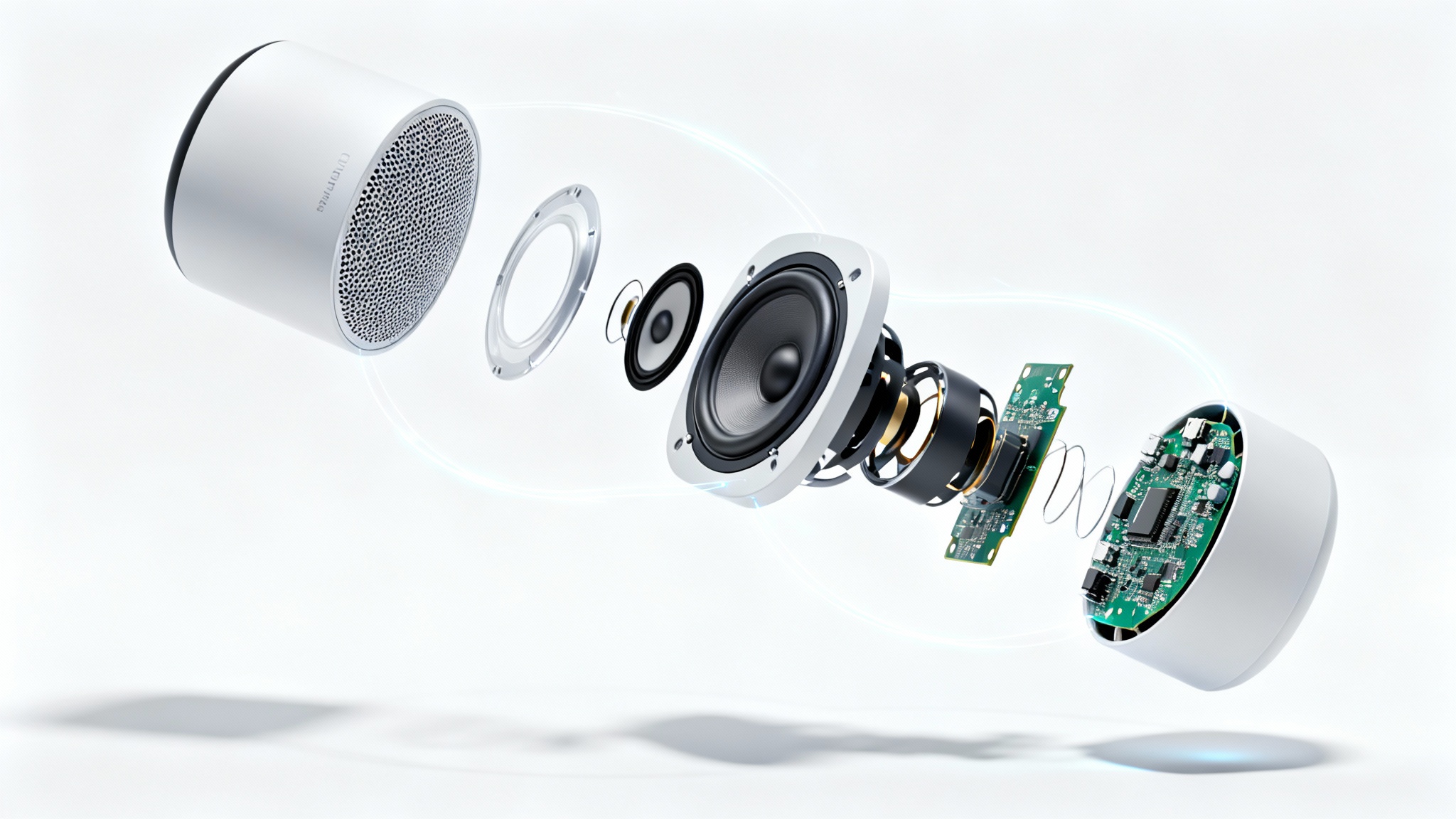 A 3D rendering of a wireless speaker deconstructed into its component parts, which are floating against a white background, symbolizing a product explainer video.