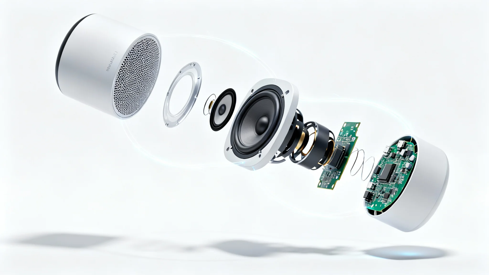 A 3D rendering of a wireless speaker deconstructed into its component parts, which are floating against a white background, symbolizing a product explainer video.