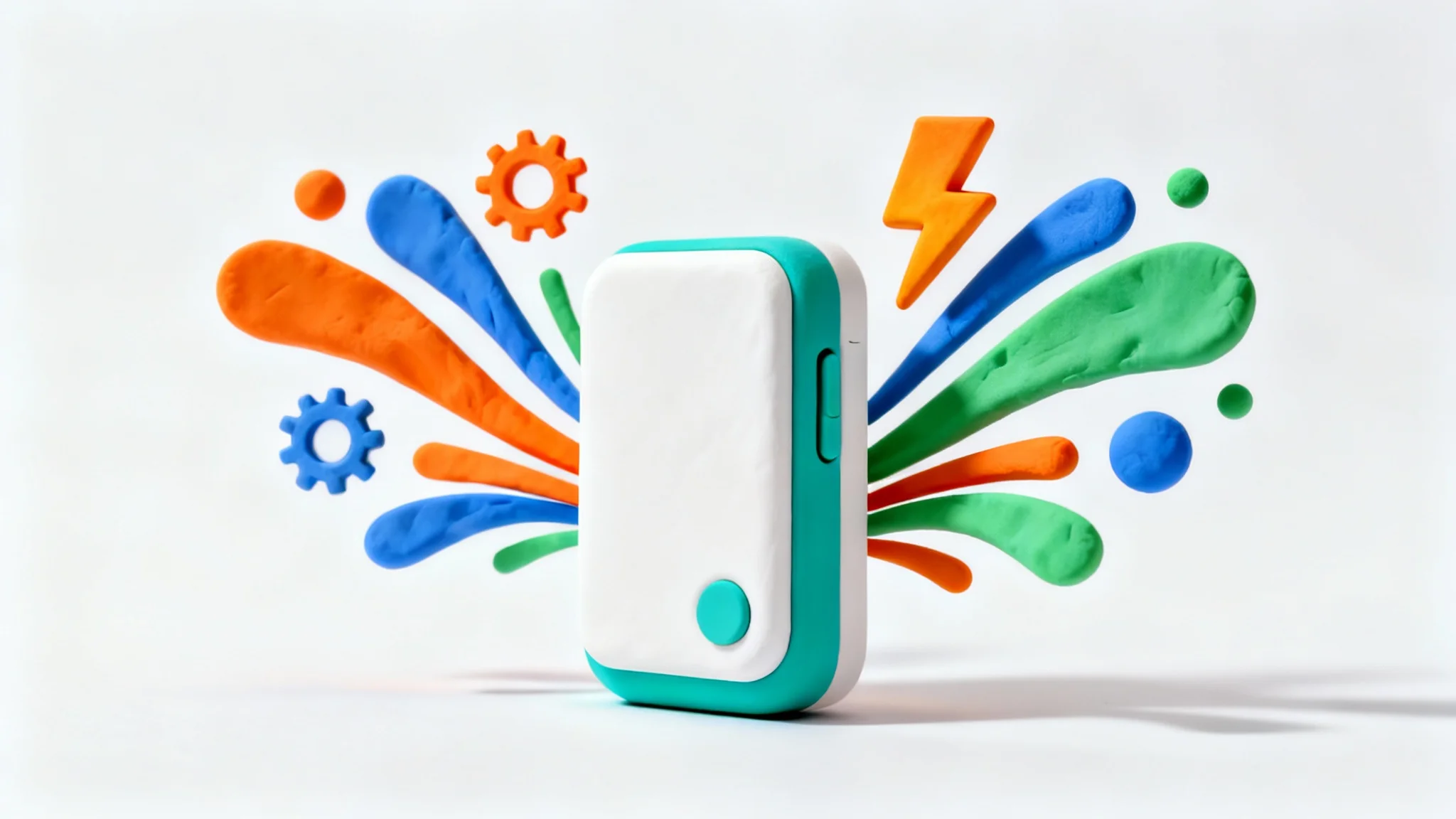 A 3D claymation-style scene illustrating a product explainer video, featuring a central gadget with colorful, abstract shapes and icons exploding outwards against a white background.