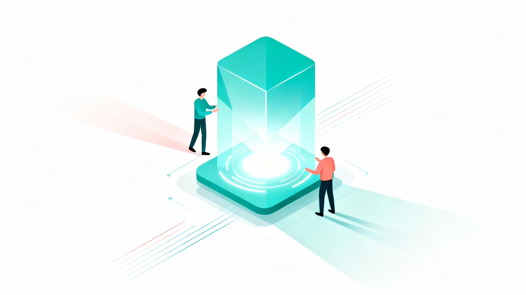 A still from an animated product explainer video showing stylized characters interacting with an abstract product icon, conveying innovation and efficiency.