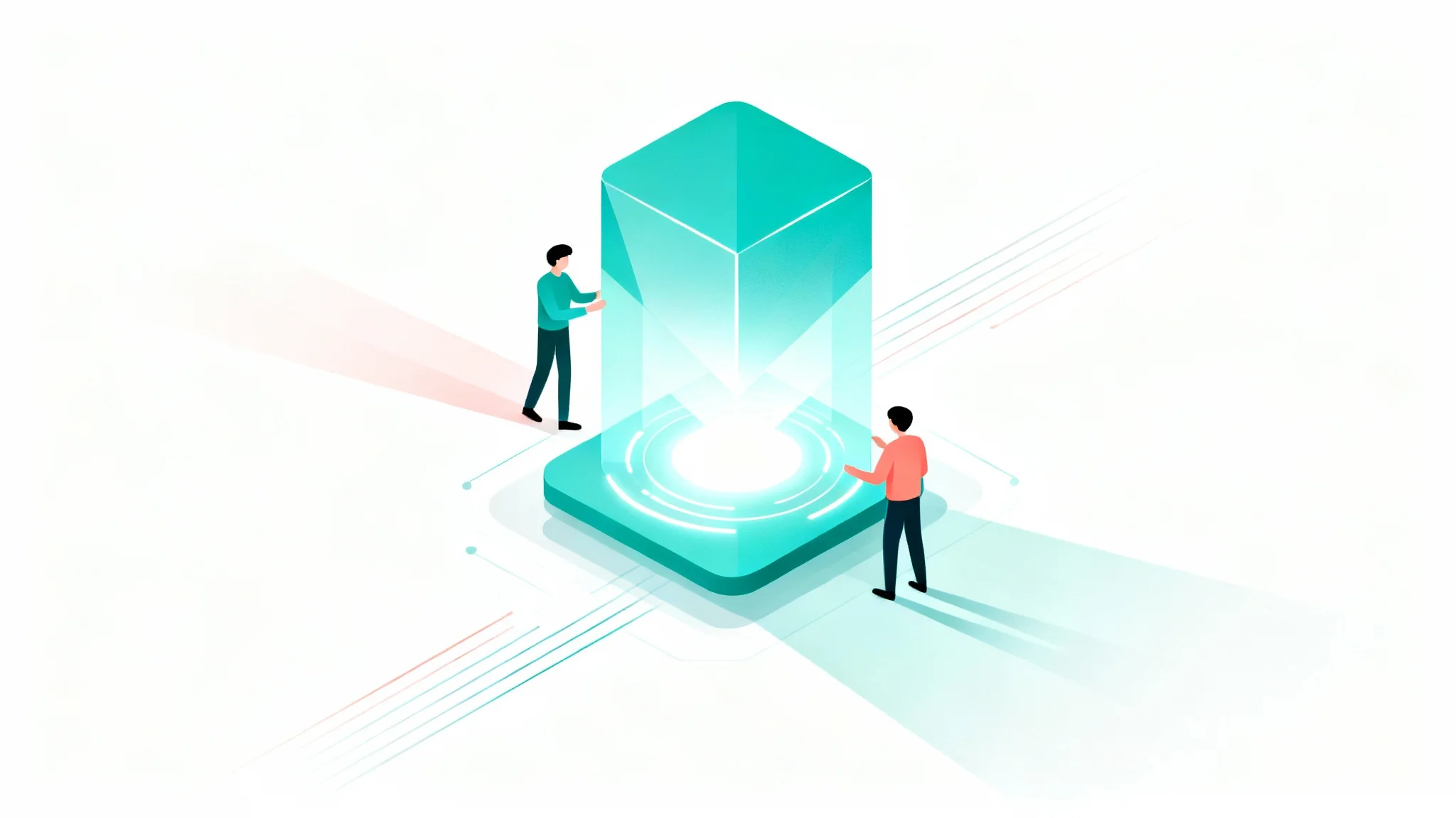 A still from an animated product explainer video showing stylized characters interacting with an abstract product icon, conveying innovation and efficiency.