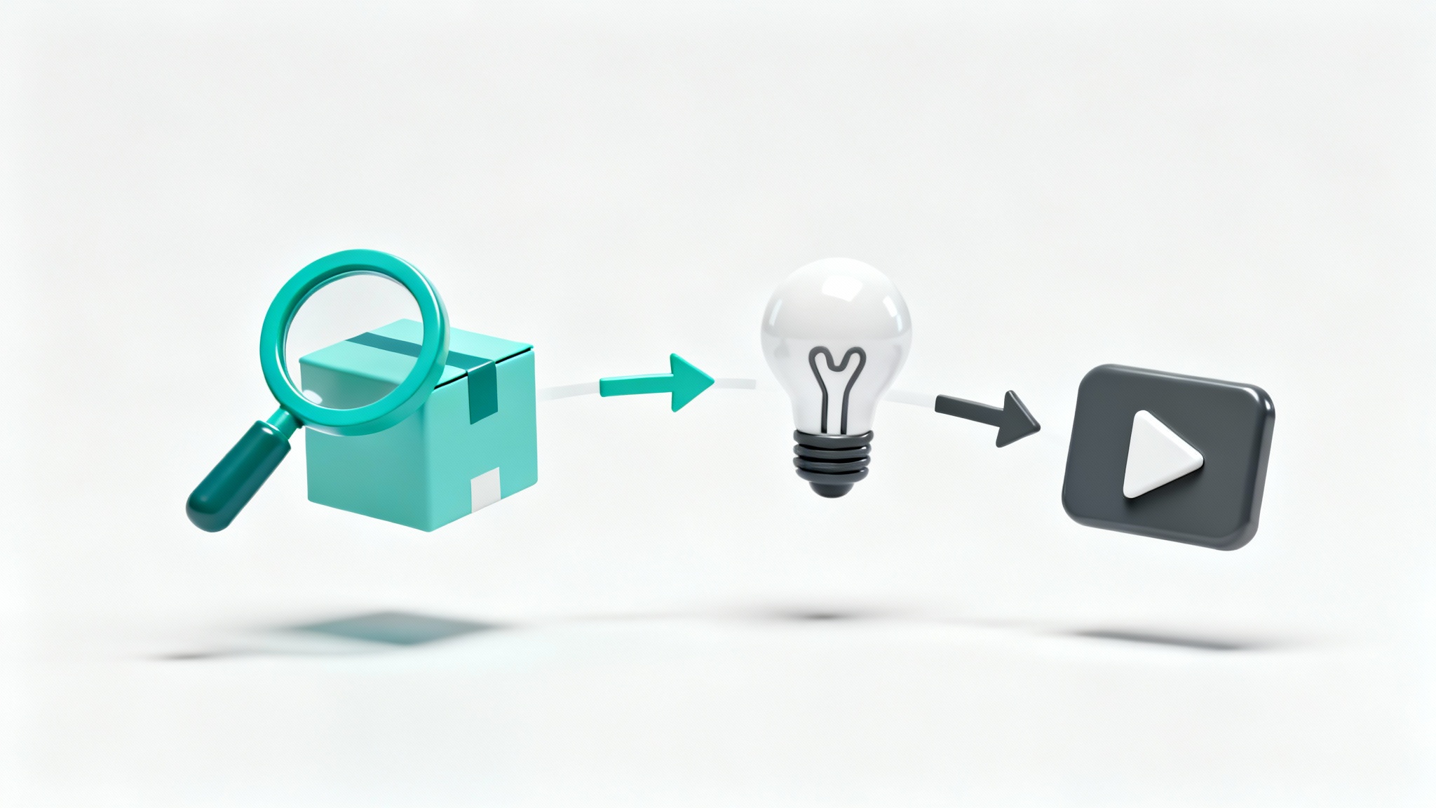 A conceptual image representing a product explainer video, showing 3D icons of a product, a lightbulb, and a play button floating against a white background.