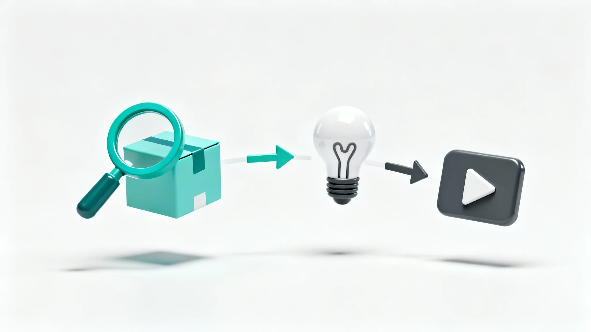 A conceptual image representing a product explainer video, showing 3D icons of a product, a lightbulb, and a play button floating against a white background.
