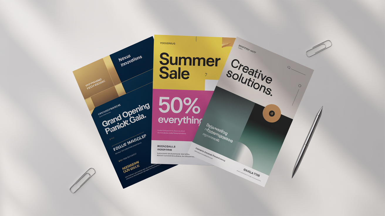 A mockup of three professionally designed business flyers for a gala event, a summer sale, and a marketing agency, displayed in a clean arrangement on a white background.