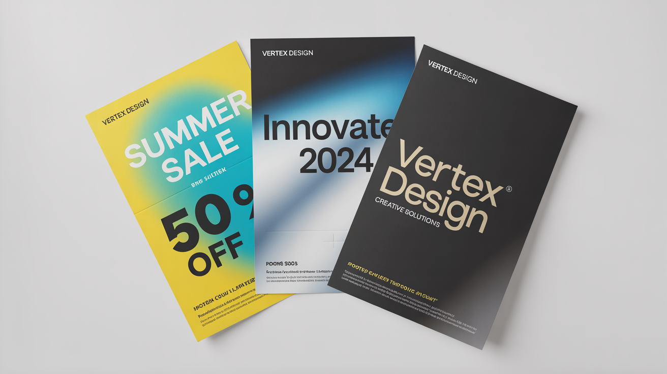 A professional mockup of three different business flyers for a sale, a conference, and design services, arranged on a clean white background.