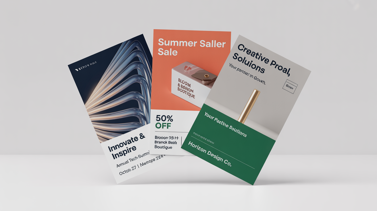 A professional mockup showing three distinct business flyers for an event, a retail sale, and a creative service, arranged neatly on a clean white background.