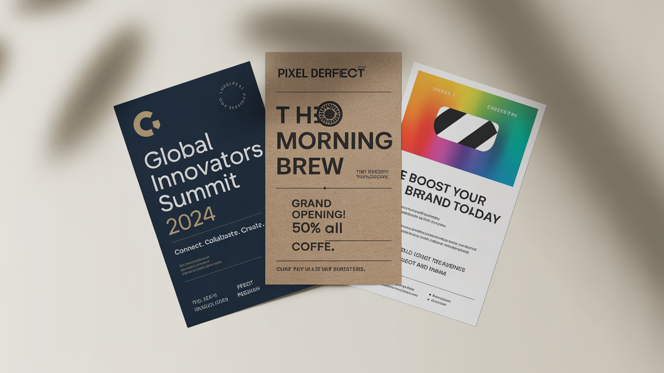 Three professionally designed business flyers for a corporate summit, a cafe grand opening, and a design agency, arranged neatly on a clean white background.