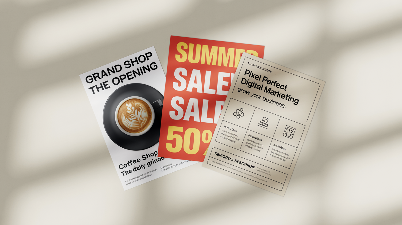 A top-down view of three professionally designed business flyers on a white background, showcasing different styles for a coffee shop opening, a retail sale, and a corporate marketing service.