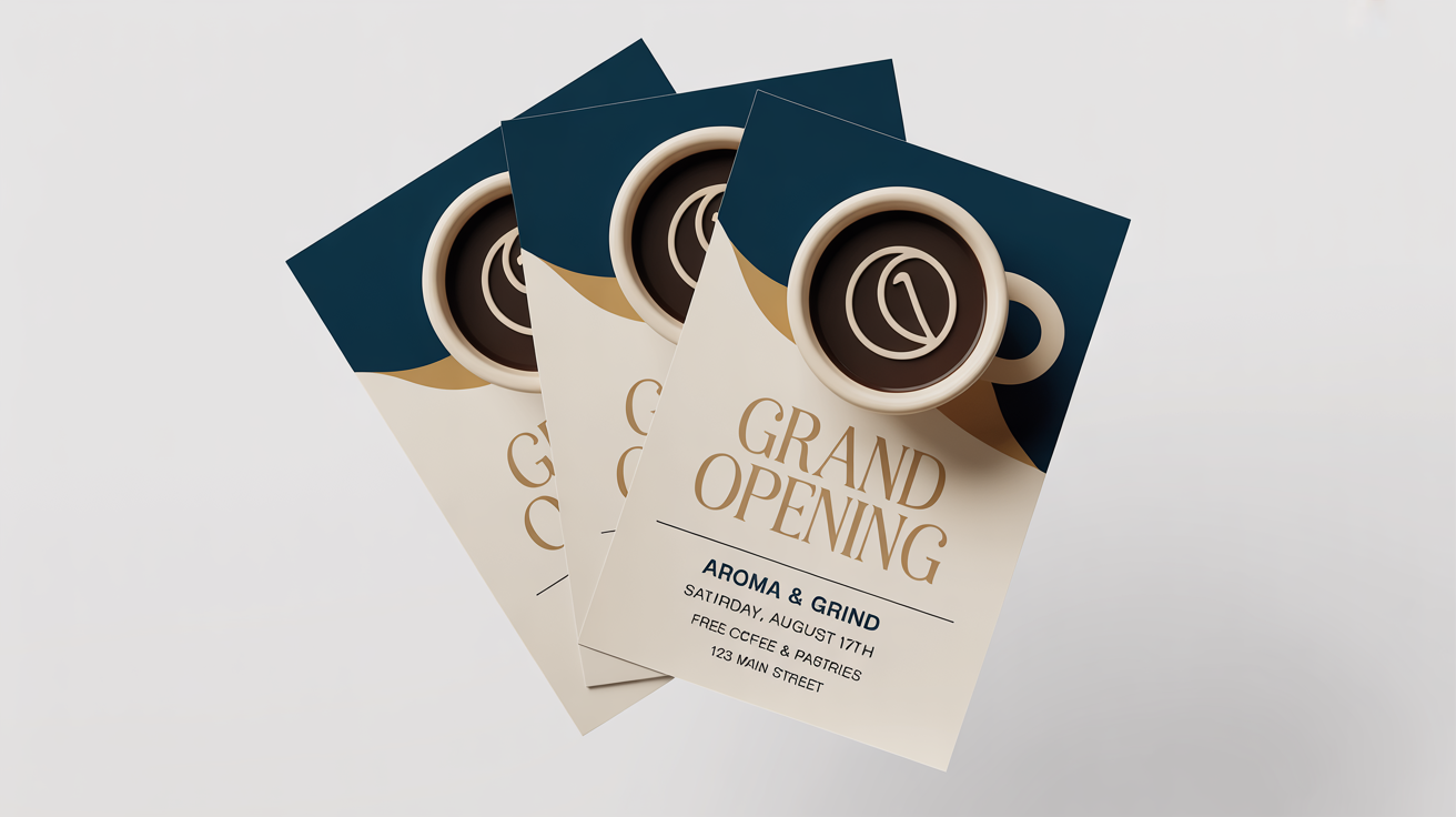 A professional mockup of several dark blue and gold flyers for the grand opening of the 'Aroma & Grind' coffee shop, displayed on a clean white background.