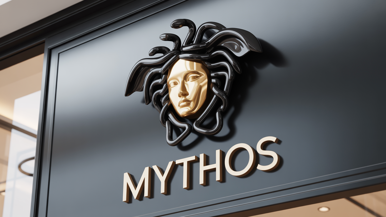 A photorealistic hero image of a luxury boutique's storefront, featuring a striking black and gold Medusa head logo with the brand name 'MYTHOS' mounted on a dark wall.