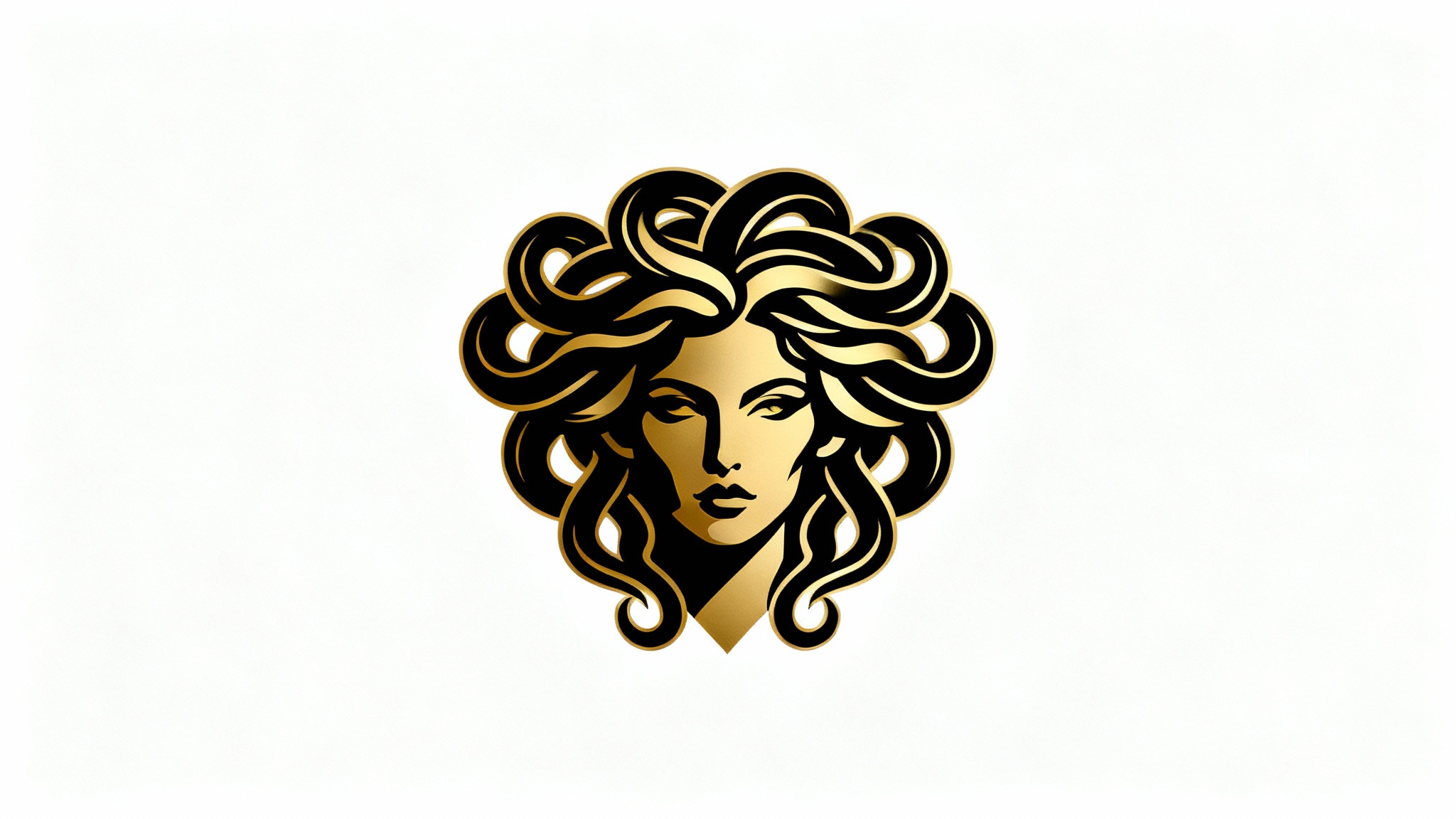 A modern and elegant vector logo of a Medusa head in black and gold, presented on a clean white background, symbolizing power and luxury.