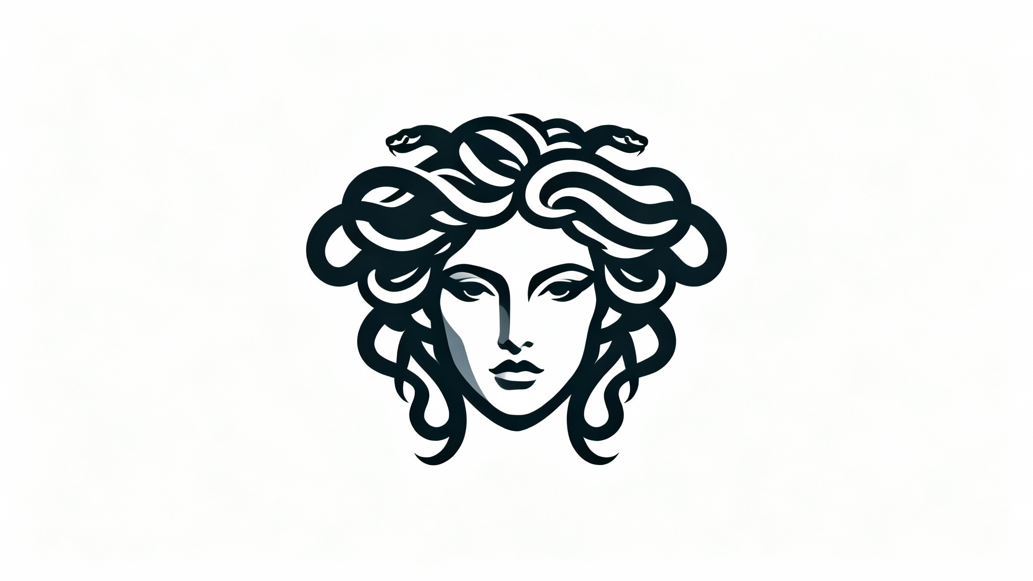 A minimalist, single-color vector logo of a Medusa head, symbolizing power and mystique, displayed centrally on a clean white background.