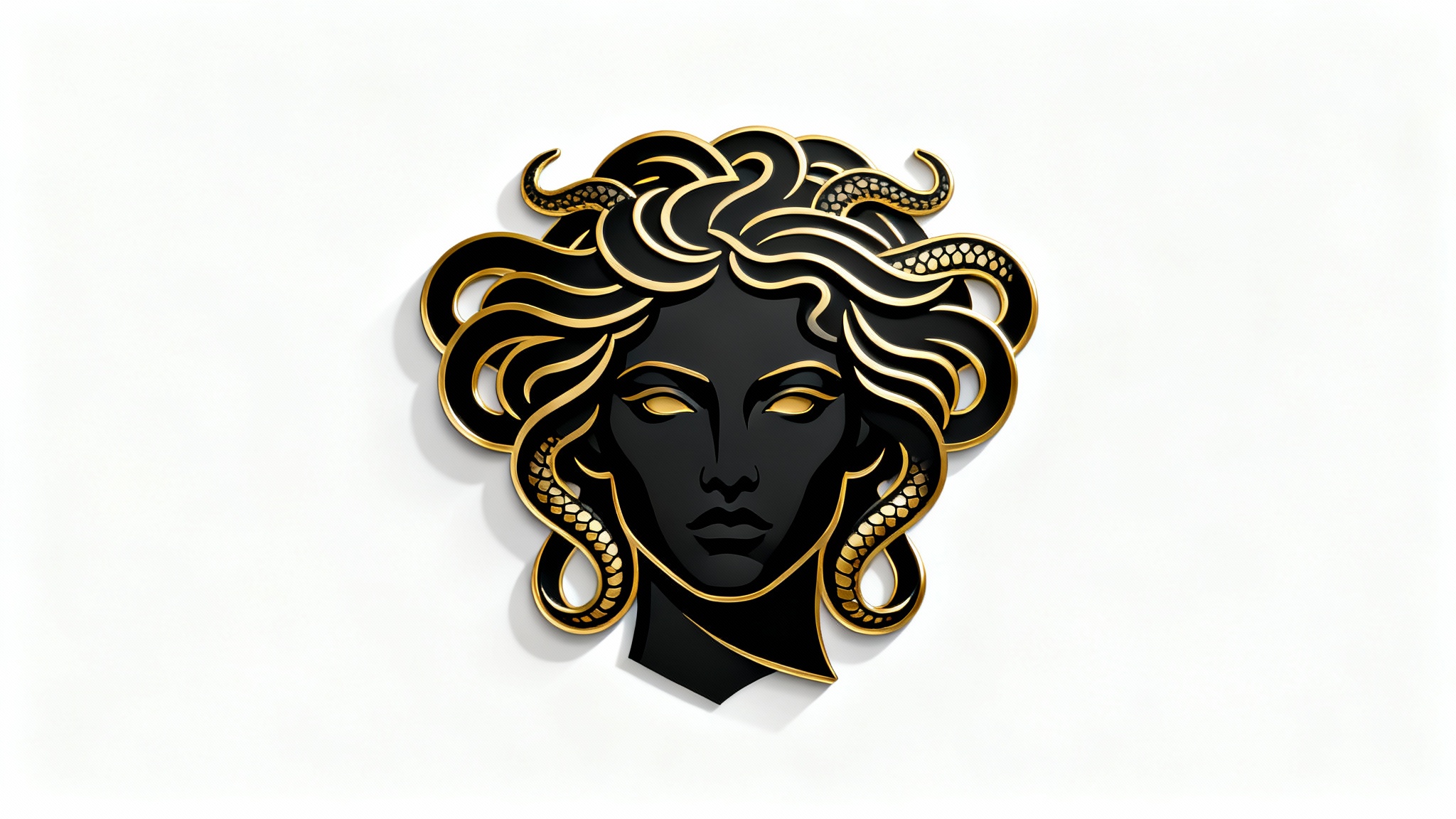 A modern, minimalist logo of Medusa's head in black and gold, presented on a clean white background. The logo is stylized and powerful, suitable for a luxury brand.