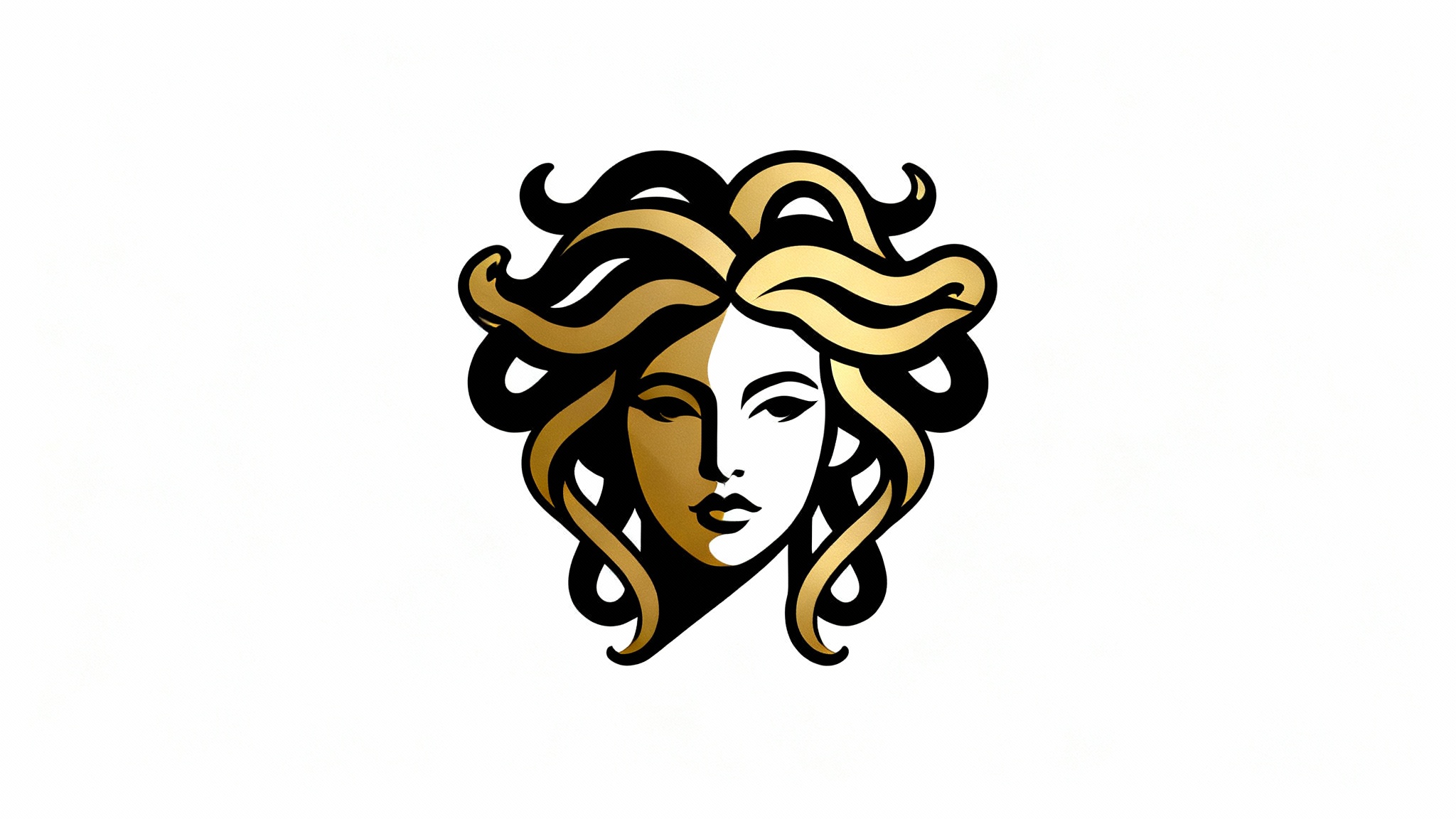 A modern, minimalist logo of a Medusa head in black and gold, designed in a clean vector style against a white background.