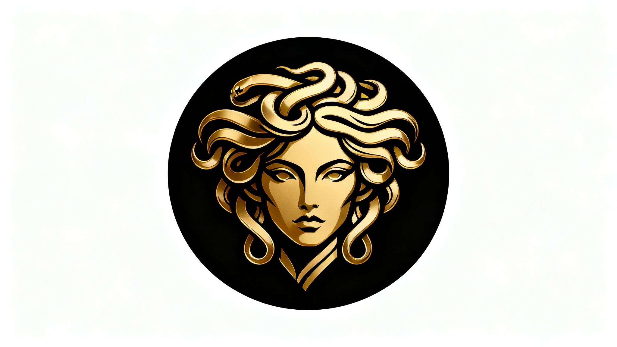 A modern, gold vector logo of a Medusa head on a black circle, displayed against a clean white background. The design is elegant and powerful.
