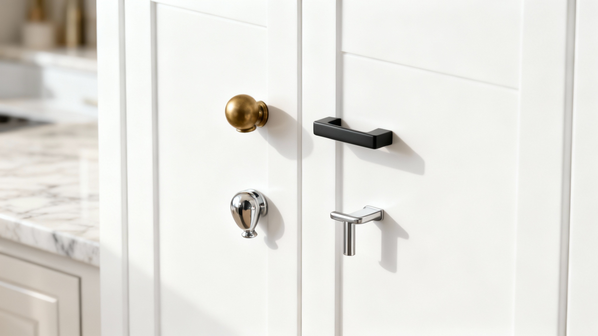 A modern white kitchen cabinet demonstrating a visualizer tool's output, showing four different handle options perfectly rendered on its surface: a matte black pull, a brass knob, a chrome cup pull, and a steel T-bar.