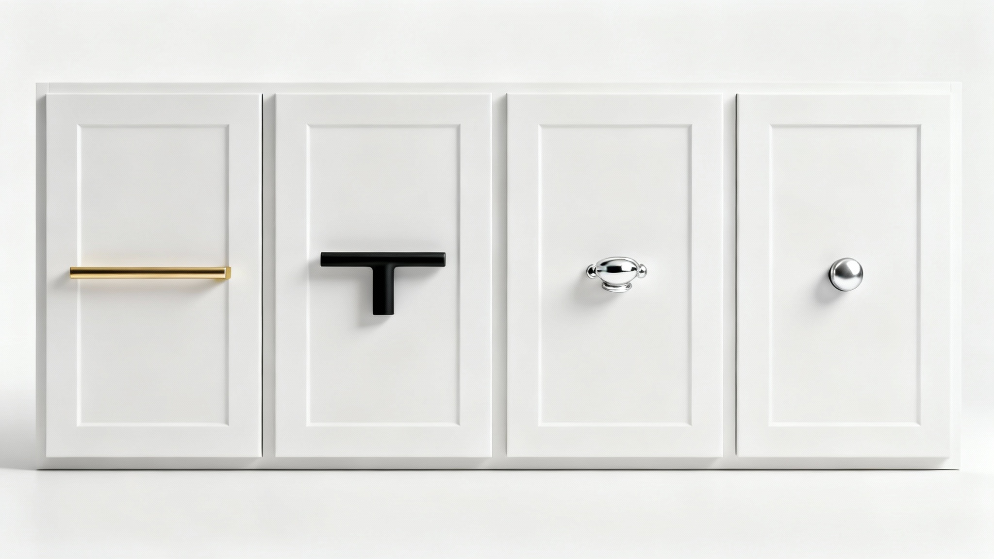 A row of four modern white kitchen cabinets, each fitted with a different style of handle, including brass, black, chrome, and silver, on a plain white background.