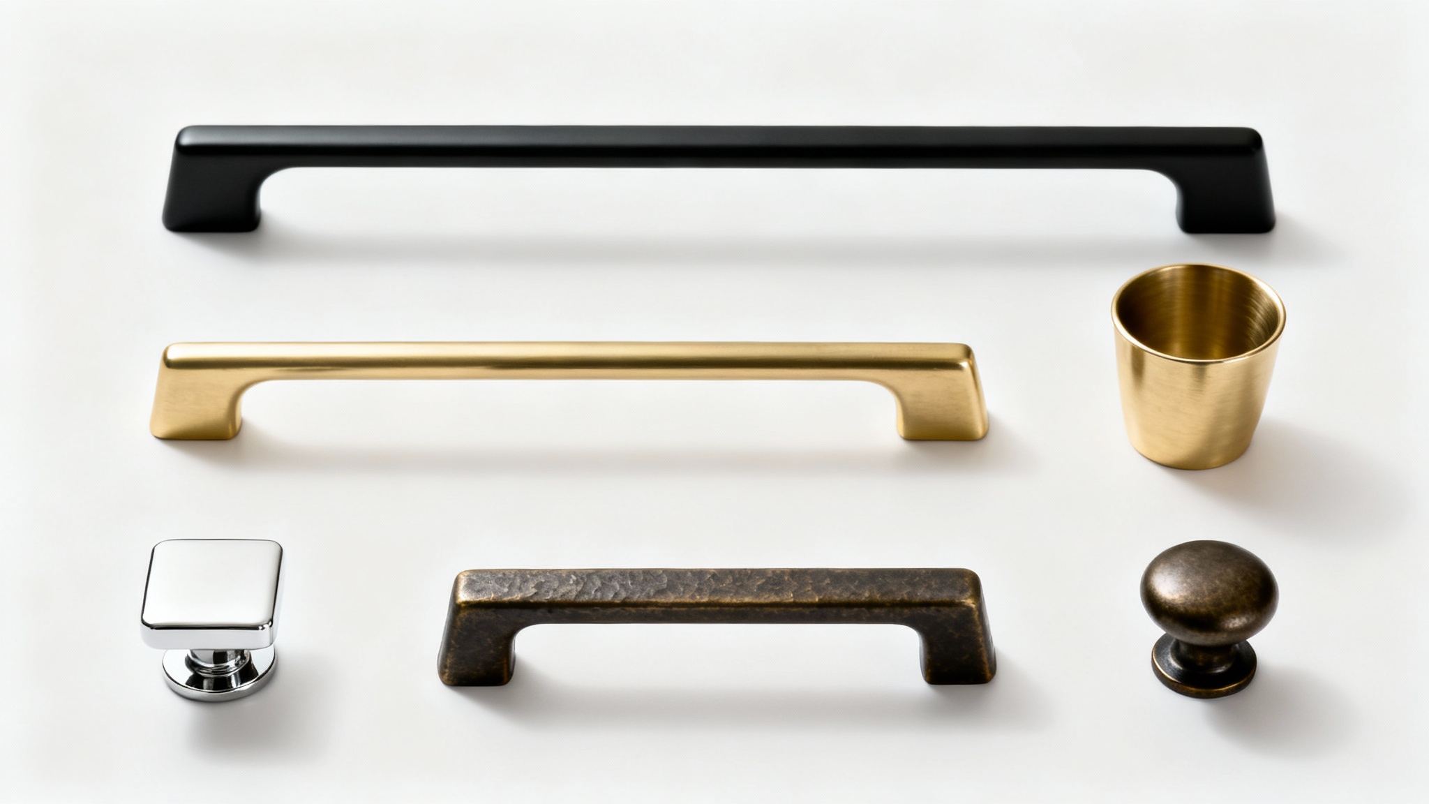 A photorealistic flat lay of four different styles of cabinet hardware neatly arranged on a white background, showcasing a matte black bar, a brushed gold cup pull, a chrome knob, and a bronze T-bar handle.