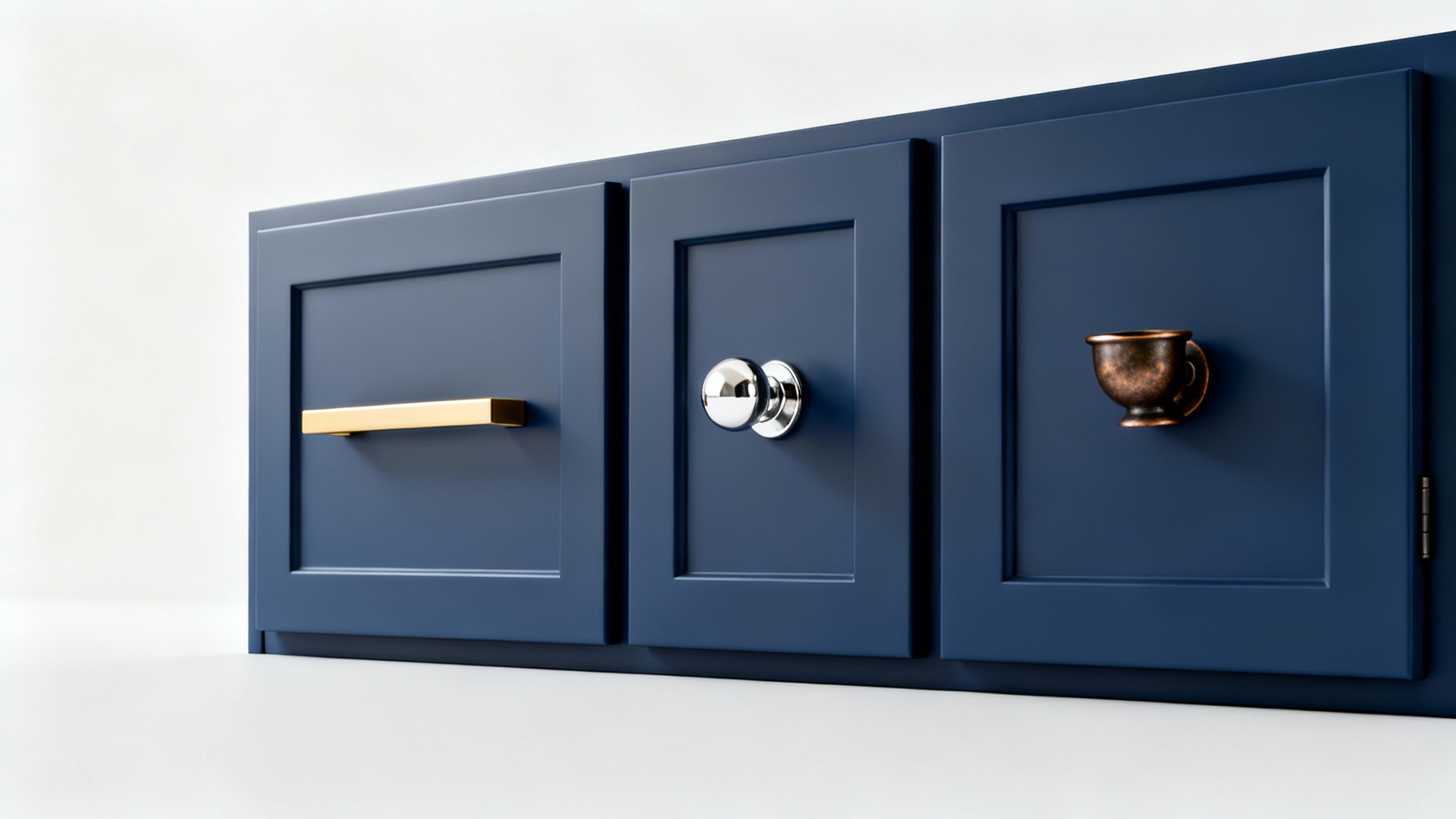 A close-up of three modern, matte navy blue kitchen cabinet doors, each displaying a different style of handle: a brushed gold bar pull, a polished chrome knob, and a bronze cup pull.
