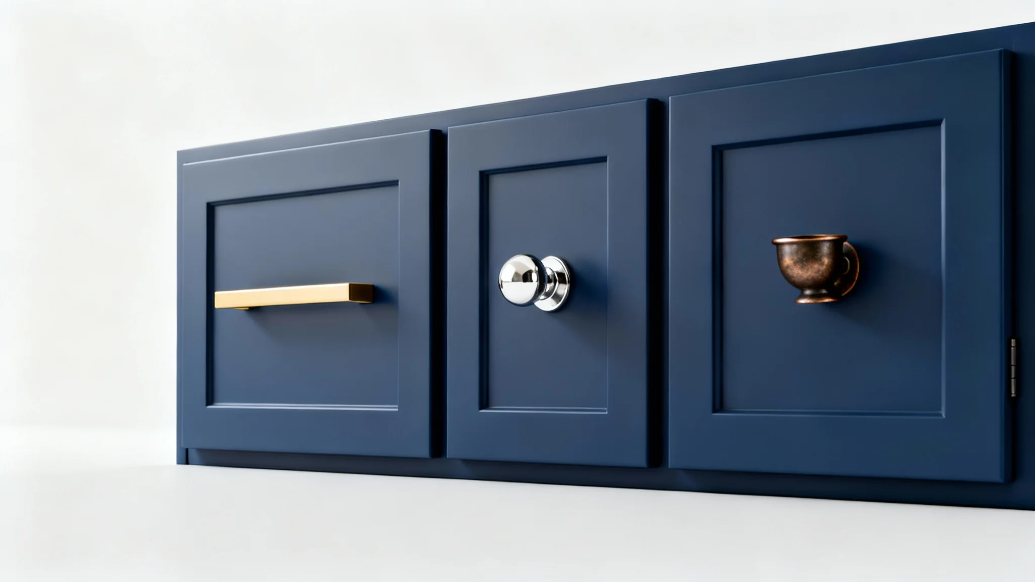 A close-up of three modern, matte navy blue kitchen cabinet doors, each displaying a different style of handle: a brushed gold bar pull, a polished chrome knob, and a bronze cup pull.