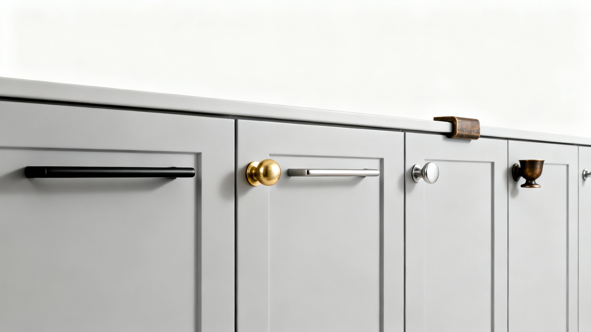 A row of modern light gray kitchen cabinets, each with a different style of handle, including black, brass, nickel, and bronze, showcased against a white background.
