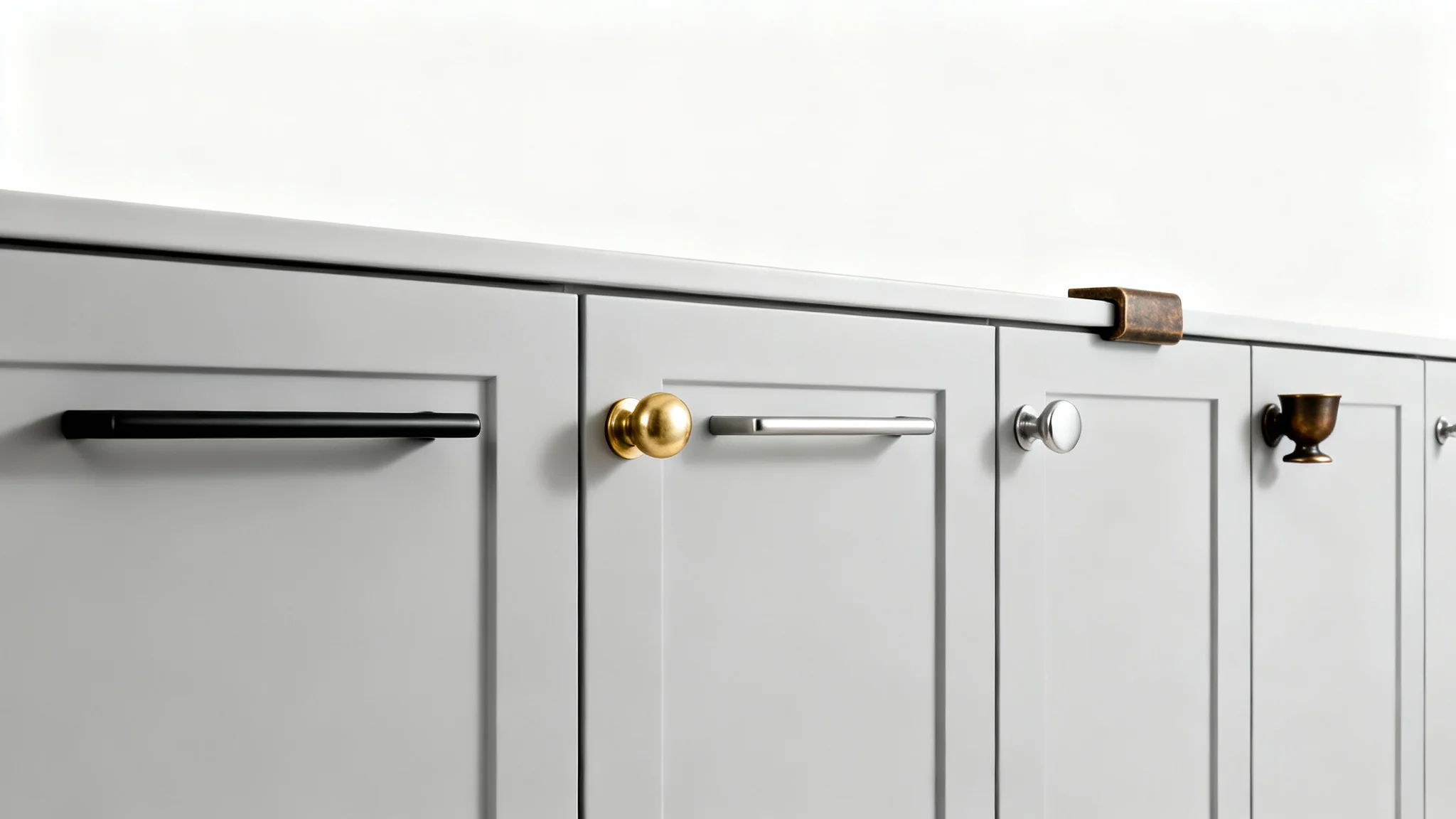 A row of modern light gray kitchen cabinets, each with a different style of handle, including black, brass, nickel, and bronze, showcased against a white background.