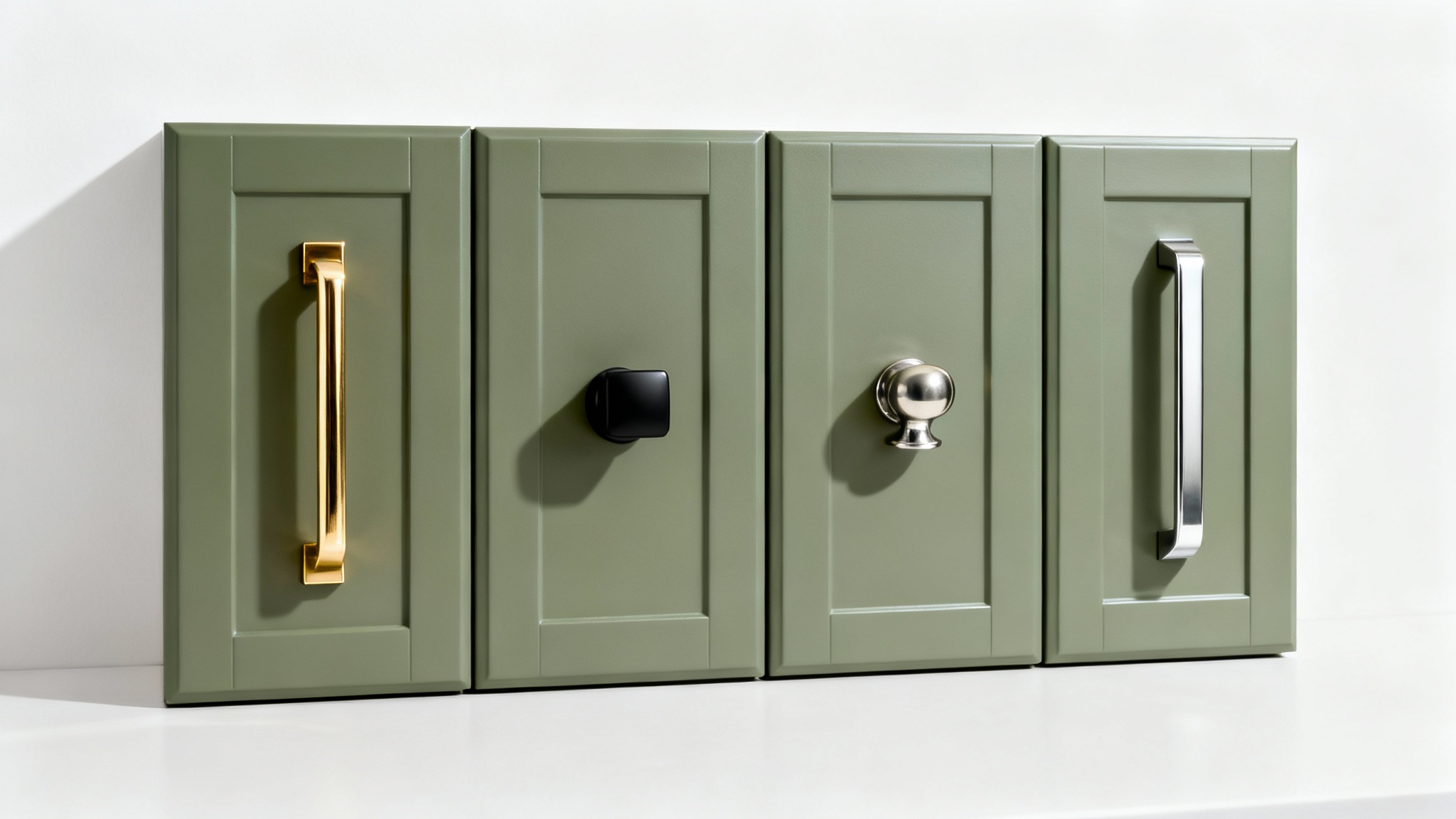 A row of four modern, matte sage green kitchen cabinets, each featuring a different style of handle: a brass T-bar, a black knob, a nickel cup pull, and a steel bar pull, shown against a white background.