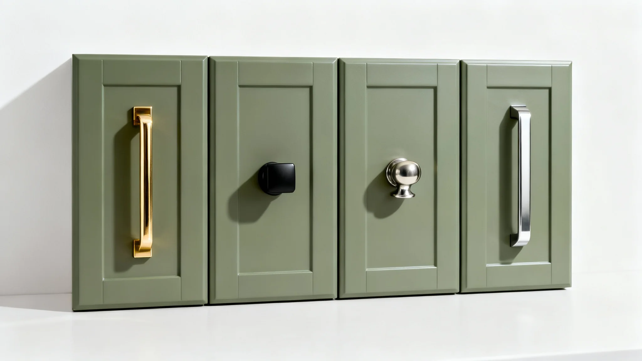A row of four modern, matte sage green kitchen cabinets, each featuring a different style of handle: a brass T-bar, a black knob, a nickel cup pull, and a steel bar pull, shown against a white background.