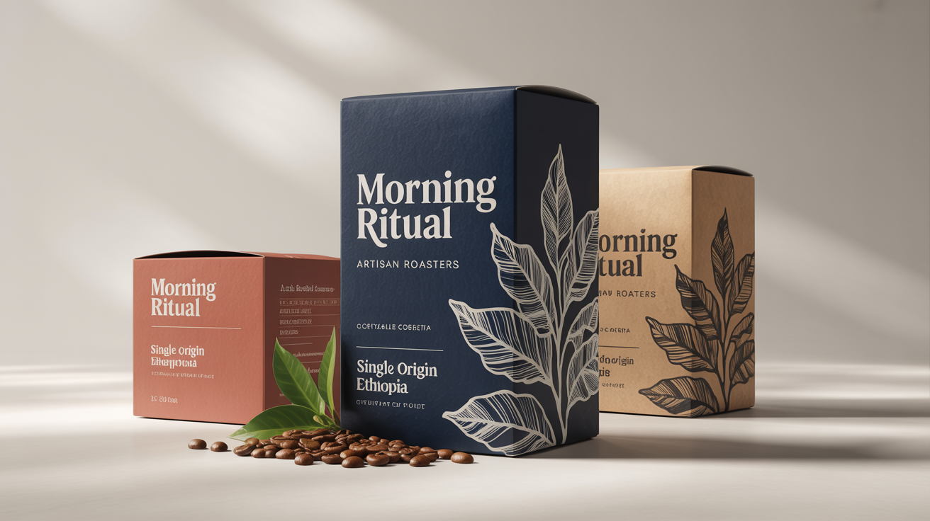 A photorealistic mockup of three modern coffee boxes with the brand name 'Morning Ritual Artisan Roasters', displayed in a professional studio setting with scattered coffee beans.