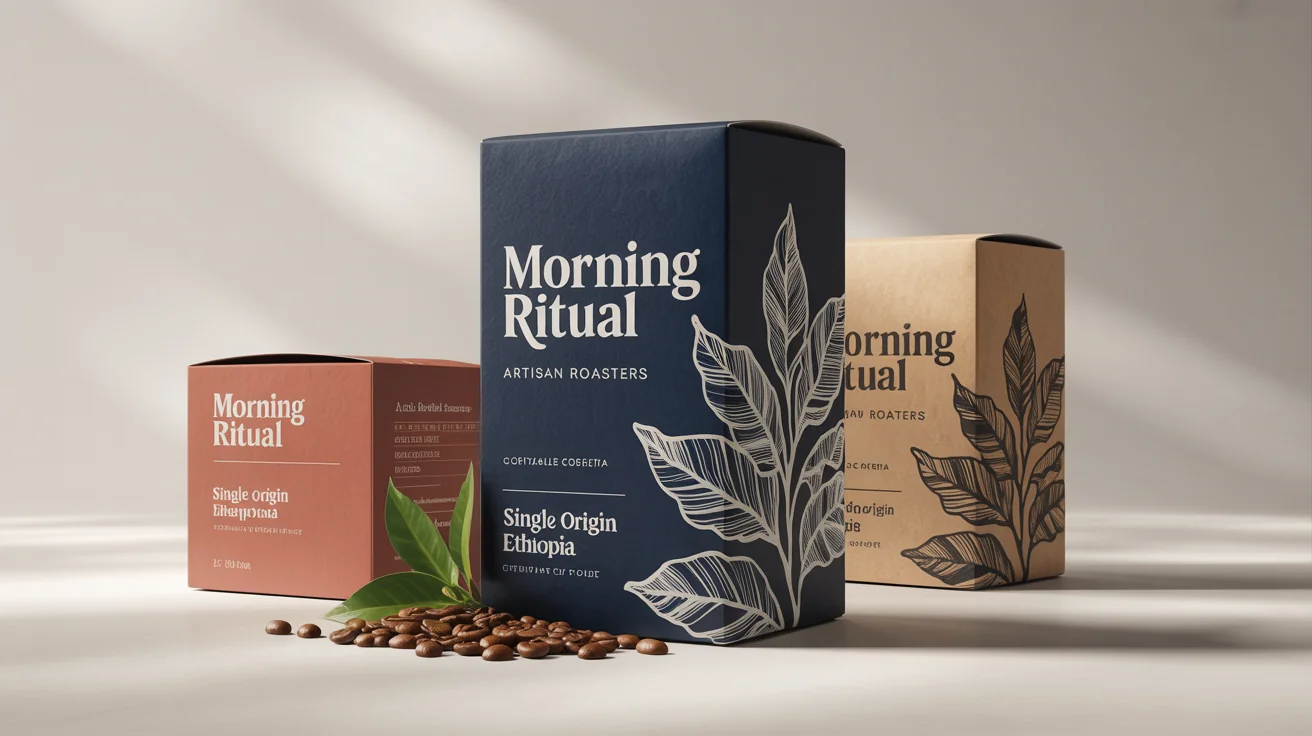 A photorealistic mockup of three modern coffee boxes with the brand name 'Morning Ritual Artisan Roasters', displayed in a professional studio setting with scattered coffee beans.