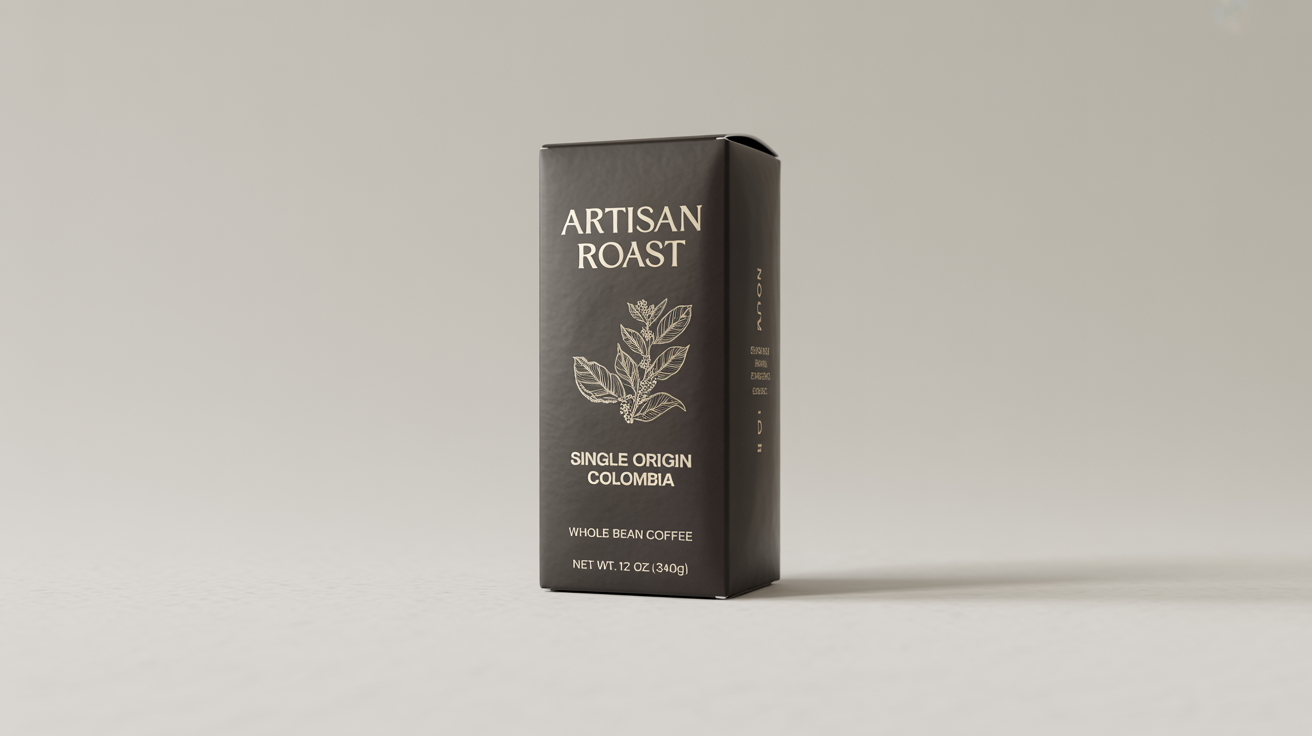 A professional product mockup of a sleek, matte black coffee box for 'Artisan Roast' with elegant gold and white lettering, standing on a pure white background.